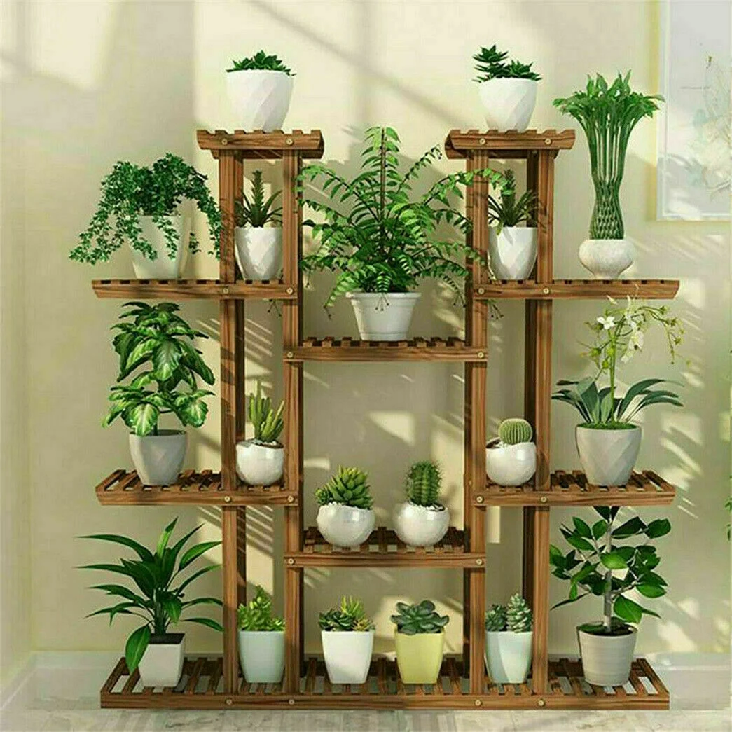 UNHO Multi-Tier Plant Stand, 46in Height Wood Flower Rack Holder 16 Potted Display Storage Shelves Indoor Outdoor for Patio Gard