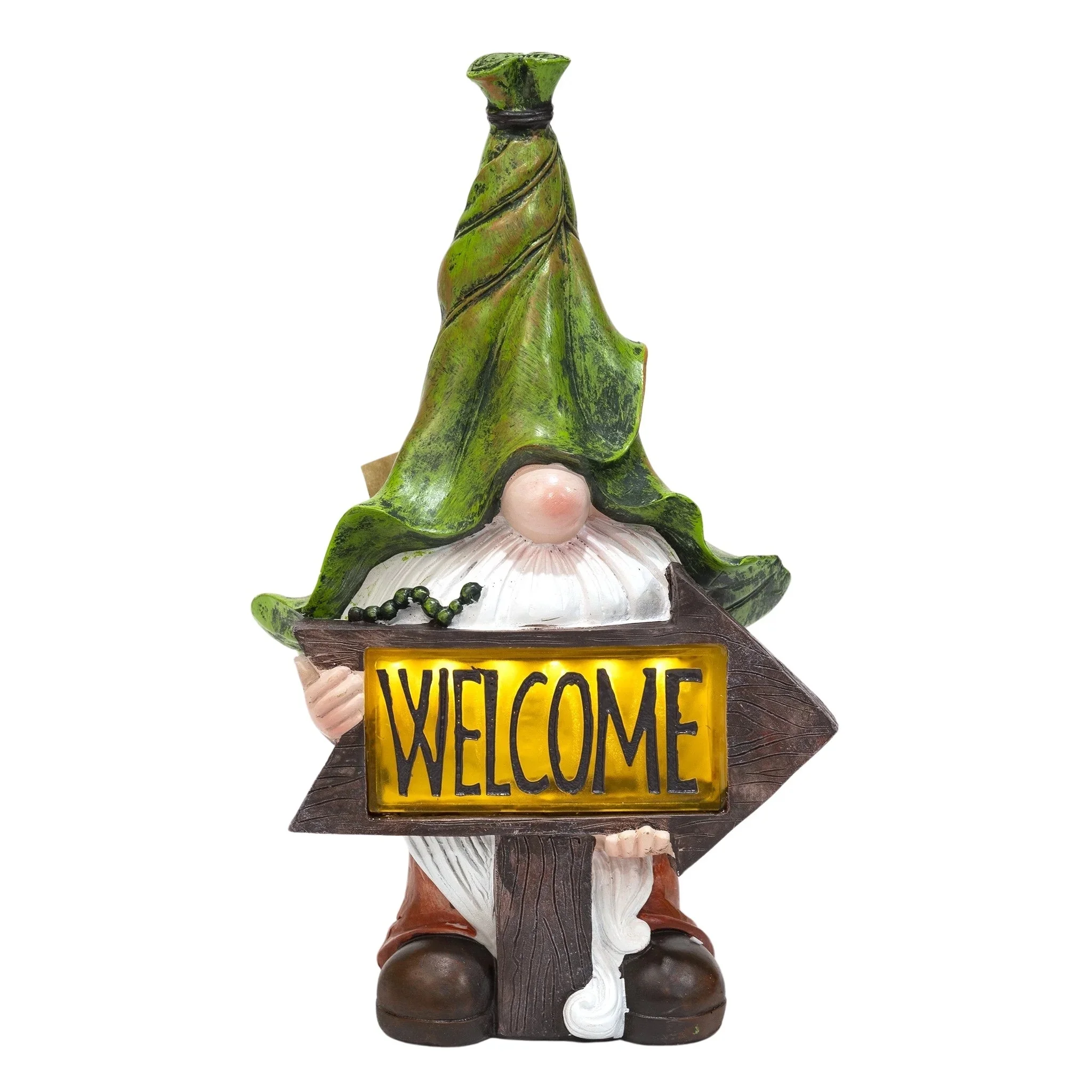 Accent Collection Garden Gnome with Leaf Hat and Welcome Sign, Solar-Powered LED Light