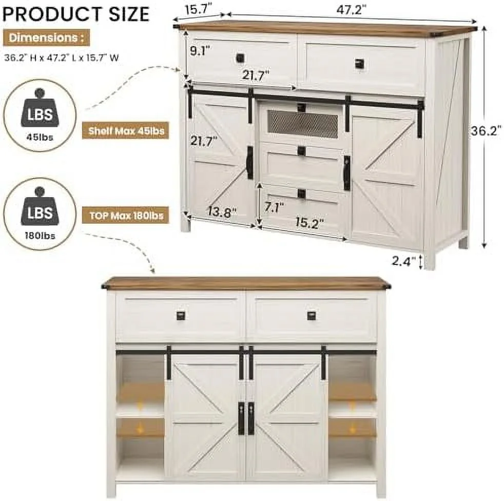 xrboomlife 5 Drawer Dresser for Bedroom with Sliding Barn Doors  Farmhouse Wood Dresser with Adjustable Shelves  Large Capacity Bedroom Chest of Drawers TV Stand for Living Room  Closet