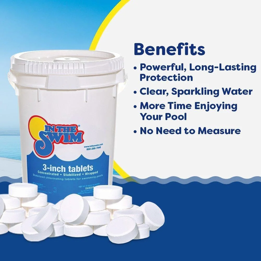 3 Inch Stabilized Chlorine Tablets for Sanitizing Swimming Pools - Individually Wrapped, Slow Dissolving - 90% Available Chlorine - Tri-Chlor - 25 Pounds