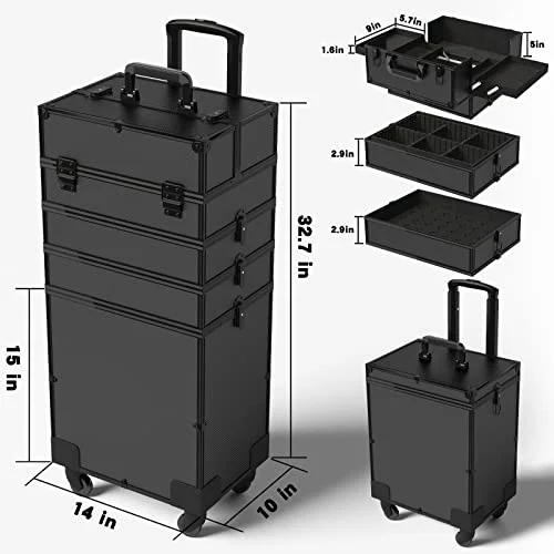 5 in 1 Rolling Makeup Train Case Professional Large Storage Cosmetic Trolley Makeup Organizer Makeup Travel Case with Key Swivel Wheels Salon Barber Case Traveling Cart Trunk, 32.7