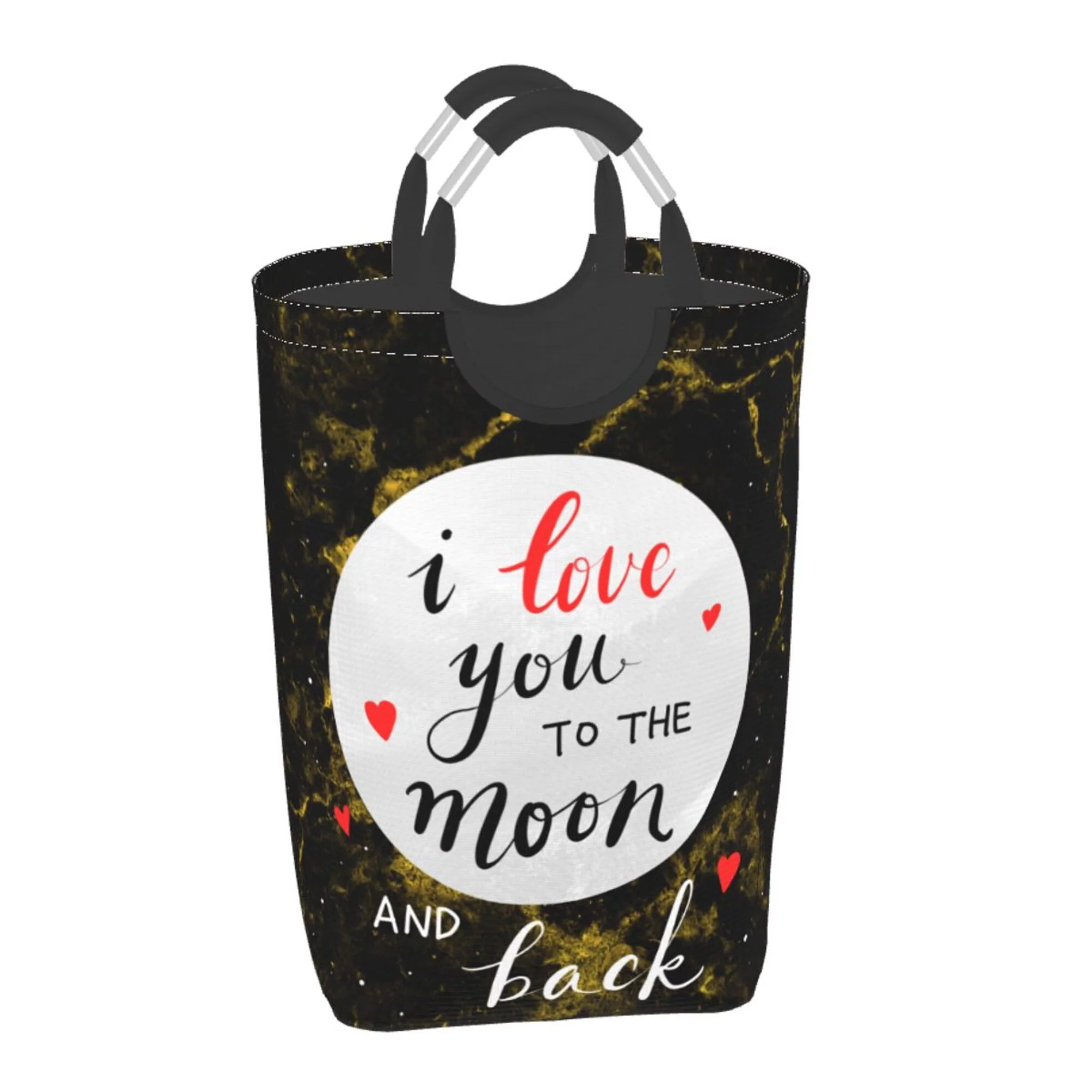 TEQUAN 50L Large Rectangular Laundry Hamper with Aluminum Handles, I Love You Text Prints Waterproof Foldable Dirty Clothes Basket