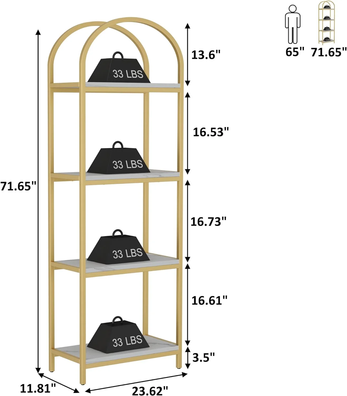 HYUN Arched Bookshelf,4 Tier Metal Frame Bookcase, Modern Bookcases Tall Book Shelf,Open Display Shelves for Office, Study Room, Living Room (Gold Frame, White Shelves)