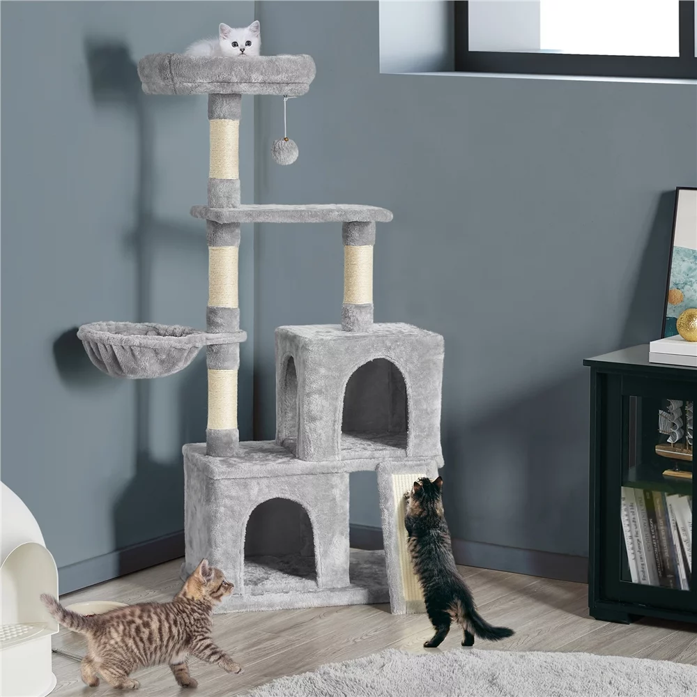 Topeakmart 53.5-in Cat Tree & Condo Scratching Post Tower with Dangling Ball and Ramp, Light Gray