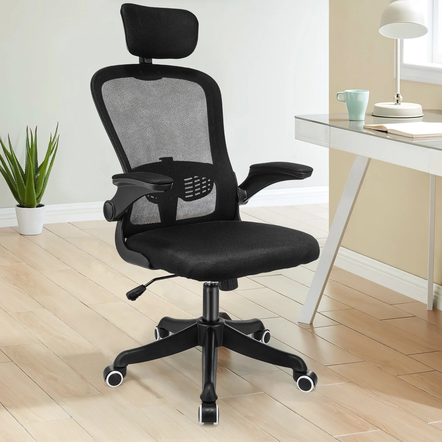 Oyajia Executive Office Chair, Ergonomic High Back Mesh Desk Chair with Lumbar Support, Adjustable Headrest and Flip-up Armrests, Supports up to 300 lbs (Black)