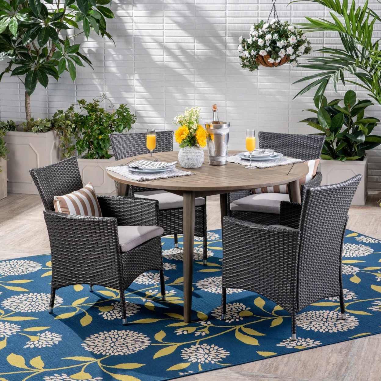 GDF Studio Philippa Outdoor Acacia Wood and Wicker 5 Piece Dining Set, Gray and Light Gray