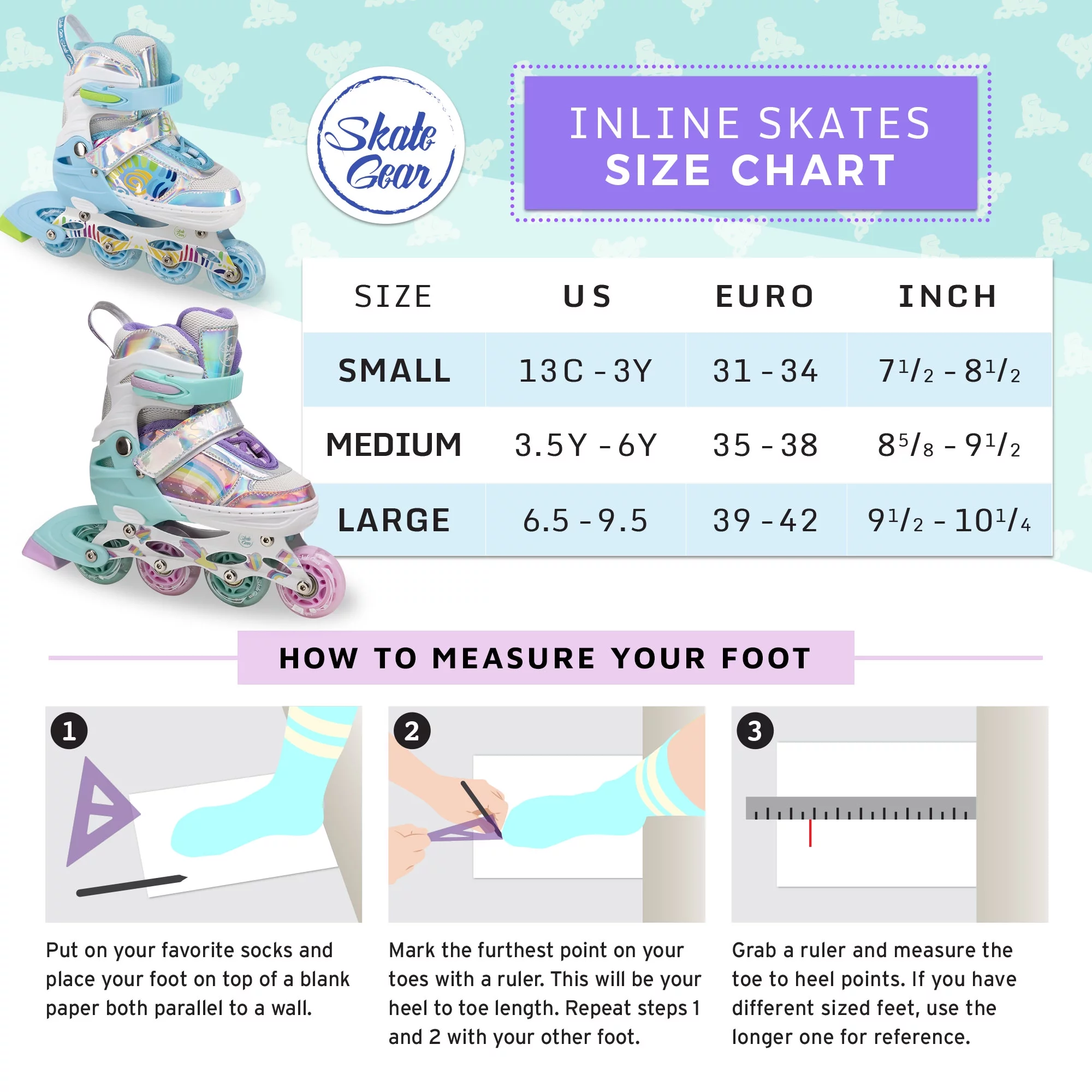 Skate Gear Rainbow Adjustable Light up Inline/Quad Roller Skates for Girls and Boys (Pink - Inline, Medium)