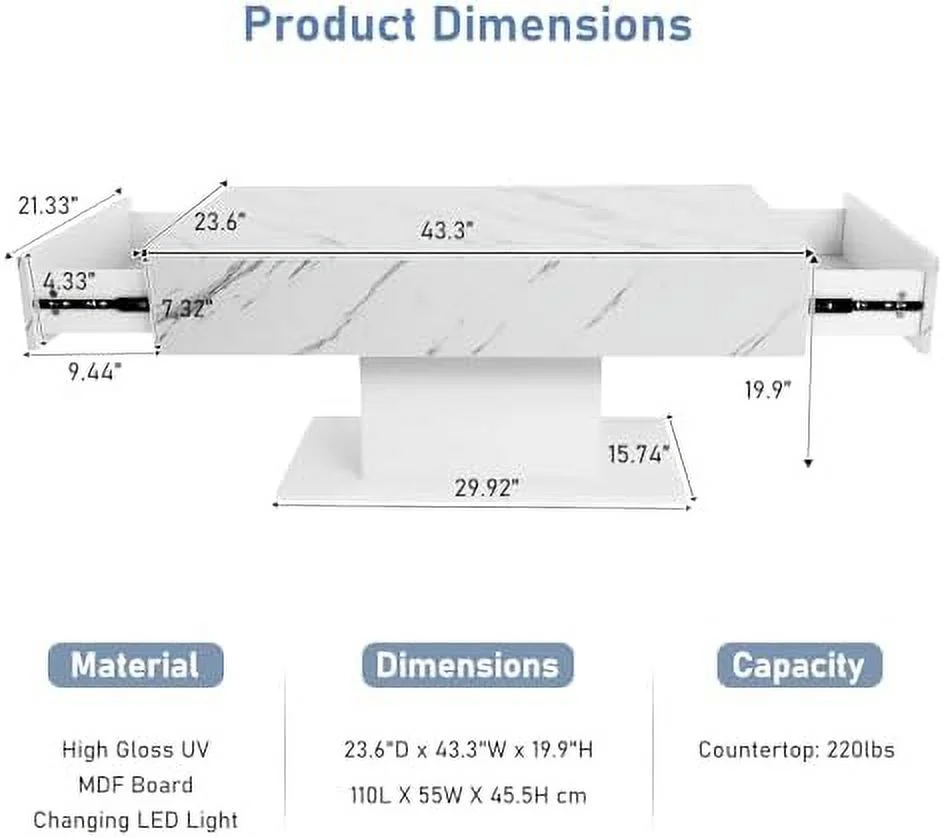JYHOME for Living Room 43" Large Center Table with 2  Sliding Drawer & Bluetooth Control LED  Smart Game Tea Table for Home Office  Modern High Glossy Coffee Table(White)