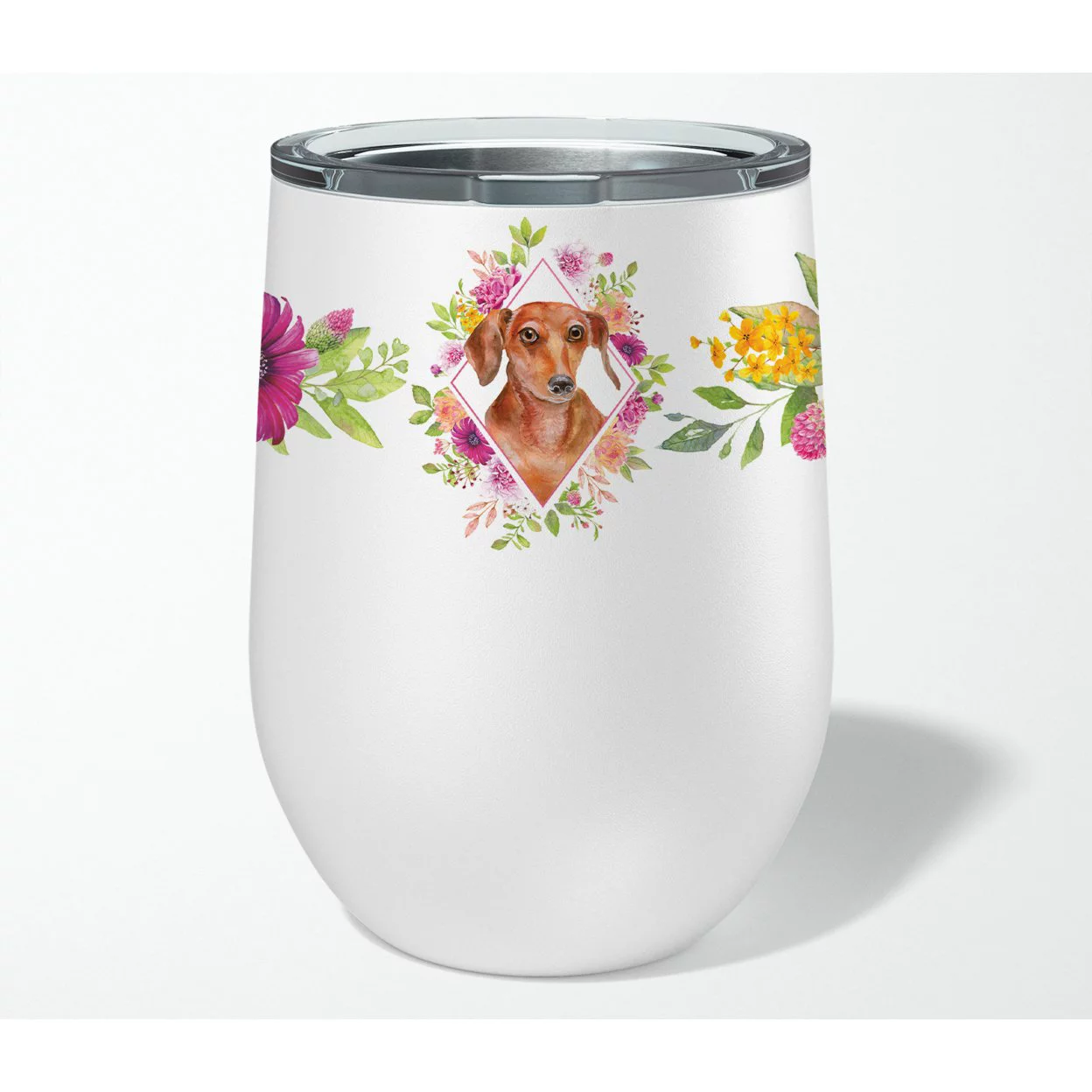 Carolines Treasures CK4135TBL12 Dachshund Red Design2 Pink Flowers Stainless Steel 12 oz Stemless Wine Glass 12 oz