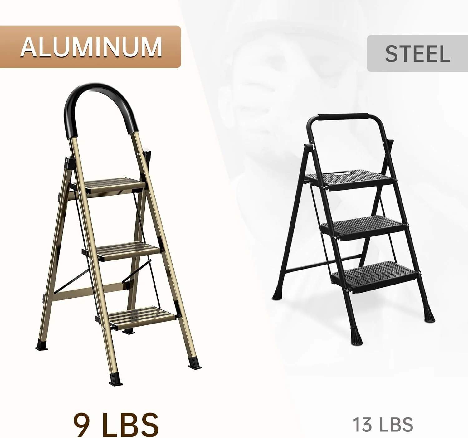 3 Step Ladder Aluminum Lightweight Folding Step Stool with Slip-Resistant Rungs Hand Grip Sturdy Reinforcement and Thickening for Home Kitchen 330lbs, Champagne Gold