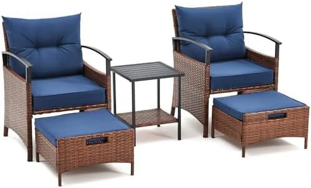 HOOMHIBIU 5 Pieces Patio  Set  Outdoor Rattan Chairs with Tempered Glass Coffee Table  Ottomans & Soft Cushions  Wicker Conversation  for Garden  Deck  Balcony  Poolside(Khaki)