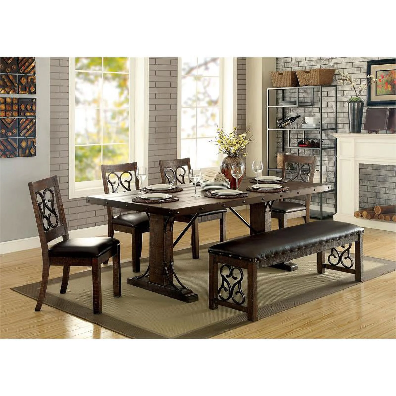 Furniture of America Arlyne Rustic Walnut Wood 6-Piece Dining Set with Bench