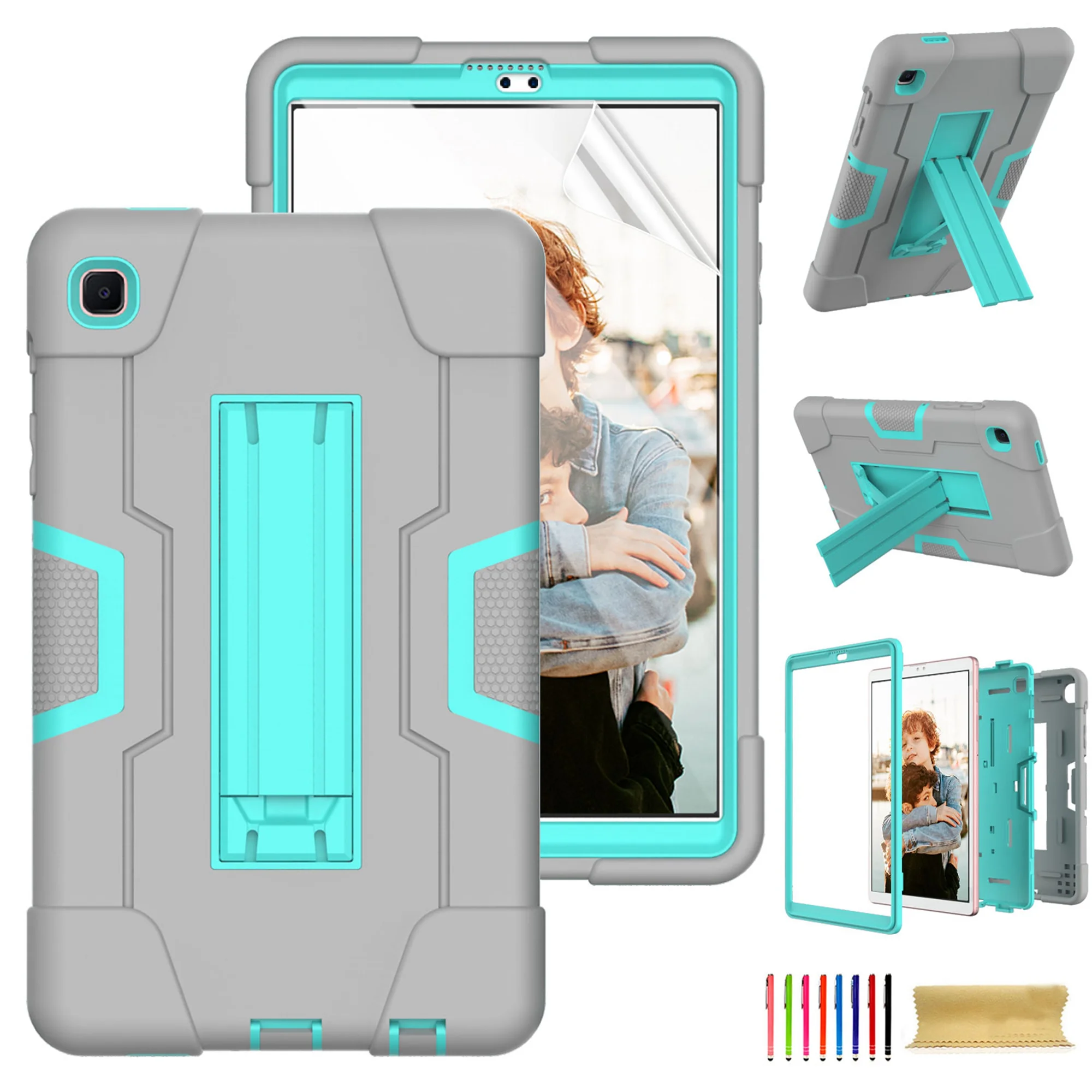 Dteck Case for Samsung Galaxy Tab A7 Lite 8.7 Inch SM-T220/SM-T225 Released 2021 with Screen Protector, Dteck Rugged Shockproof Kickstand Case, Full Body Protection Shell for Kids,Gray/Mint