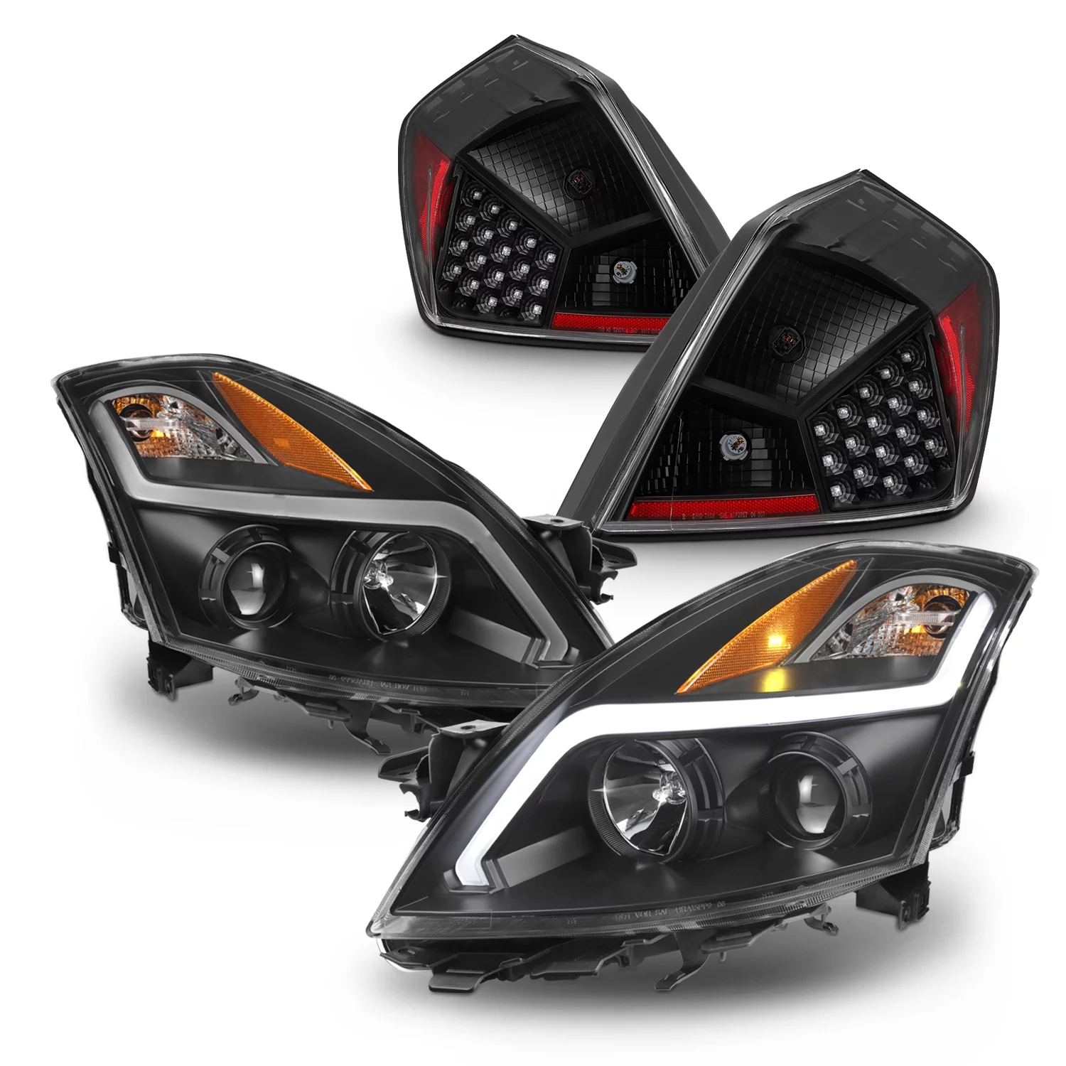 AKKON - Fits 2007-2009 Nissan Altima Sedan LED Light Tube Projector Headlights & Tail Lights [Black Housing Combo]