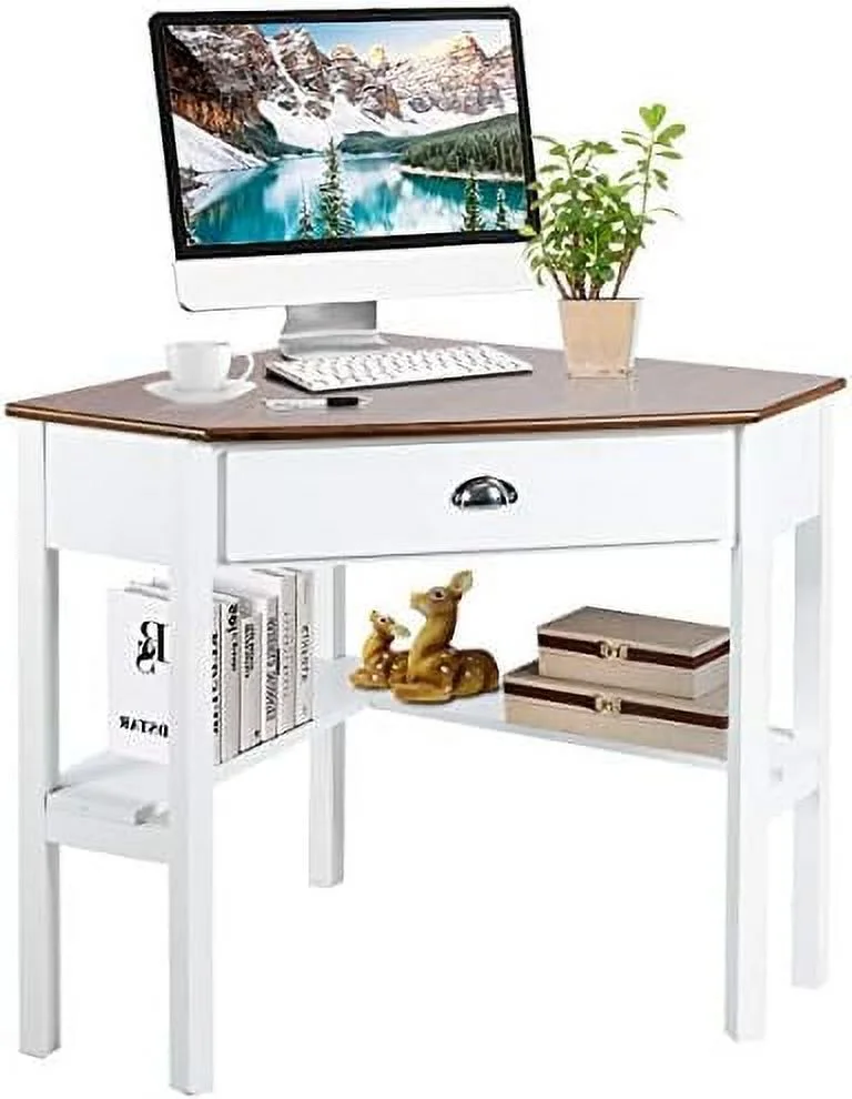 YPDCHB Corner Desk  Corner Computer Desk with Drawer for Small Space  Small Corner  Vanity Desk  90 Degrees Triangle Corner Desk with  Shelves (Coffee & Black)