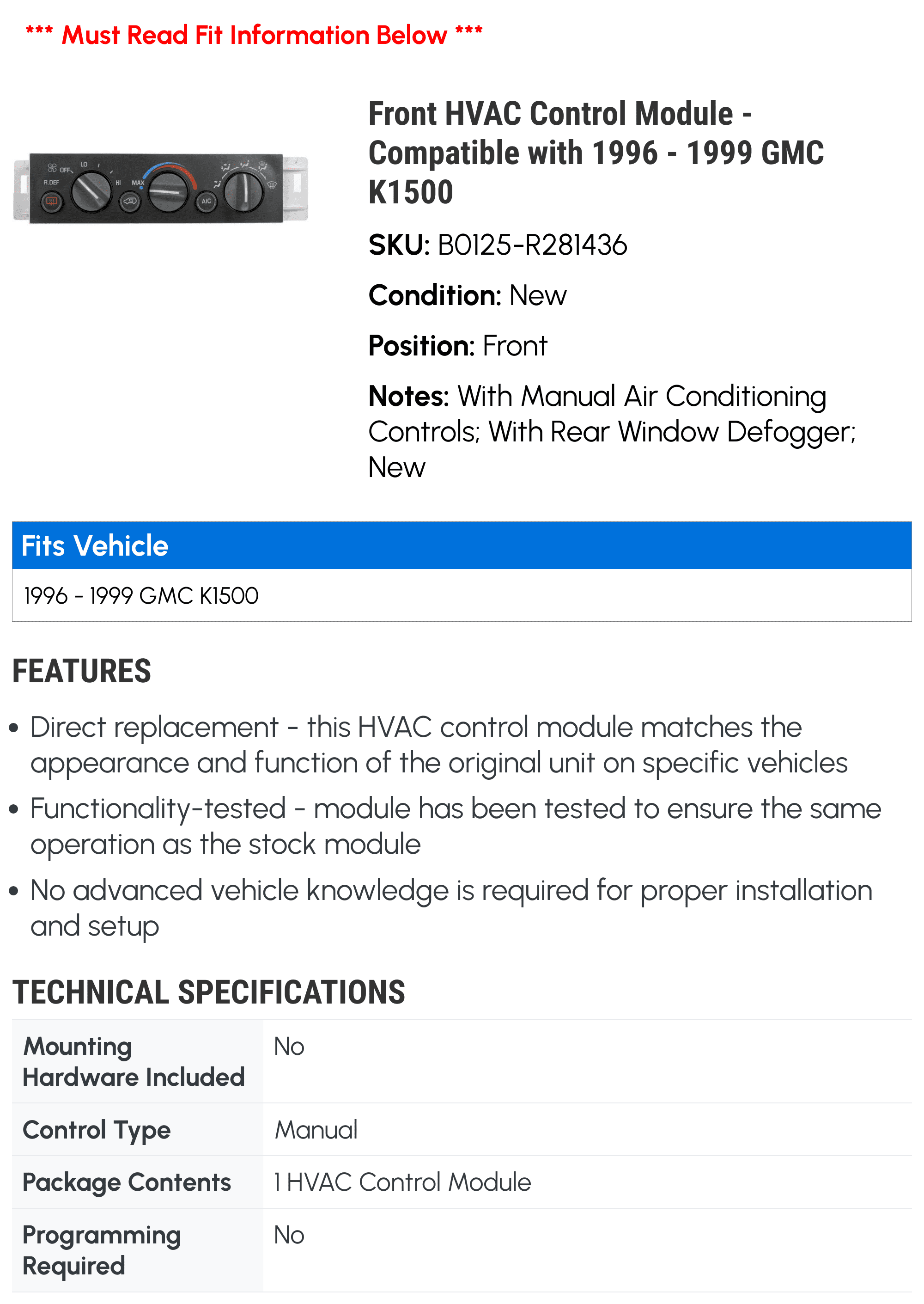 Front HVAC Control Module - Compatible with 1996 - 1999 GMC K1500 1997 1998