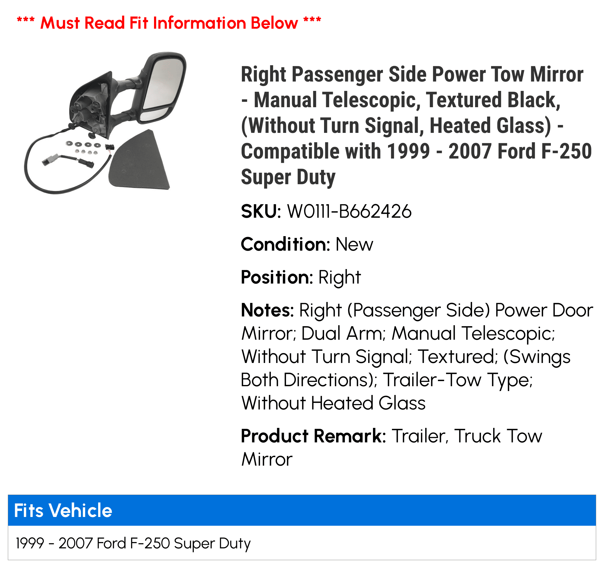 Right Passenger Side Power Tow Mirror - Manual Telescopic, Textured Black, (Without Turn Signal, Heated Glass) - Compatible with 1999 - 2007 Ford F-250 Super Duty 2000 2001 2002 2003 2004 2005