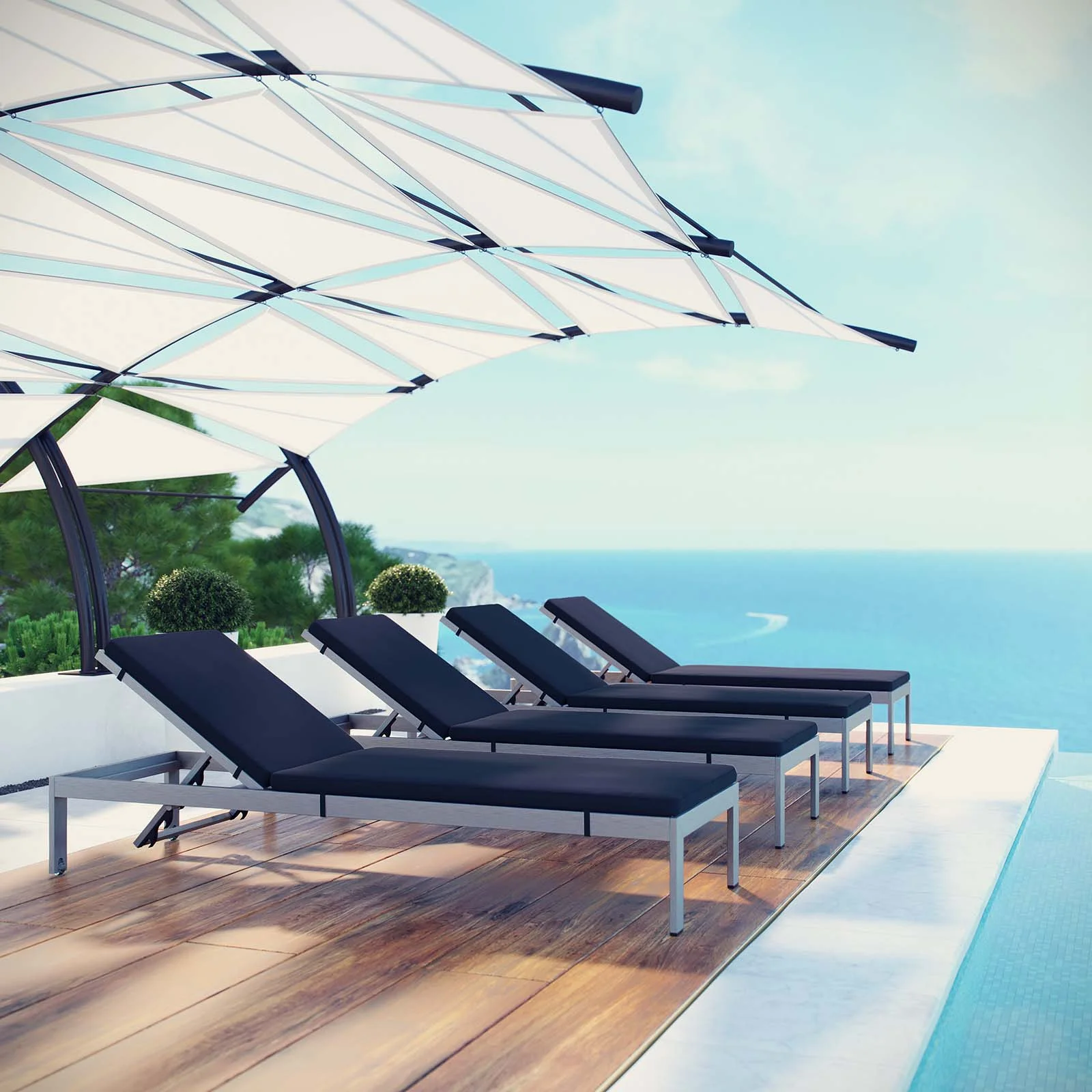 Modern Contemporary Urban Design Outdoor Patio Balcony Chaise Lounge Chair ( Set of 4), Navy Blue, Aluminum