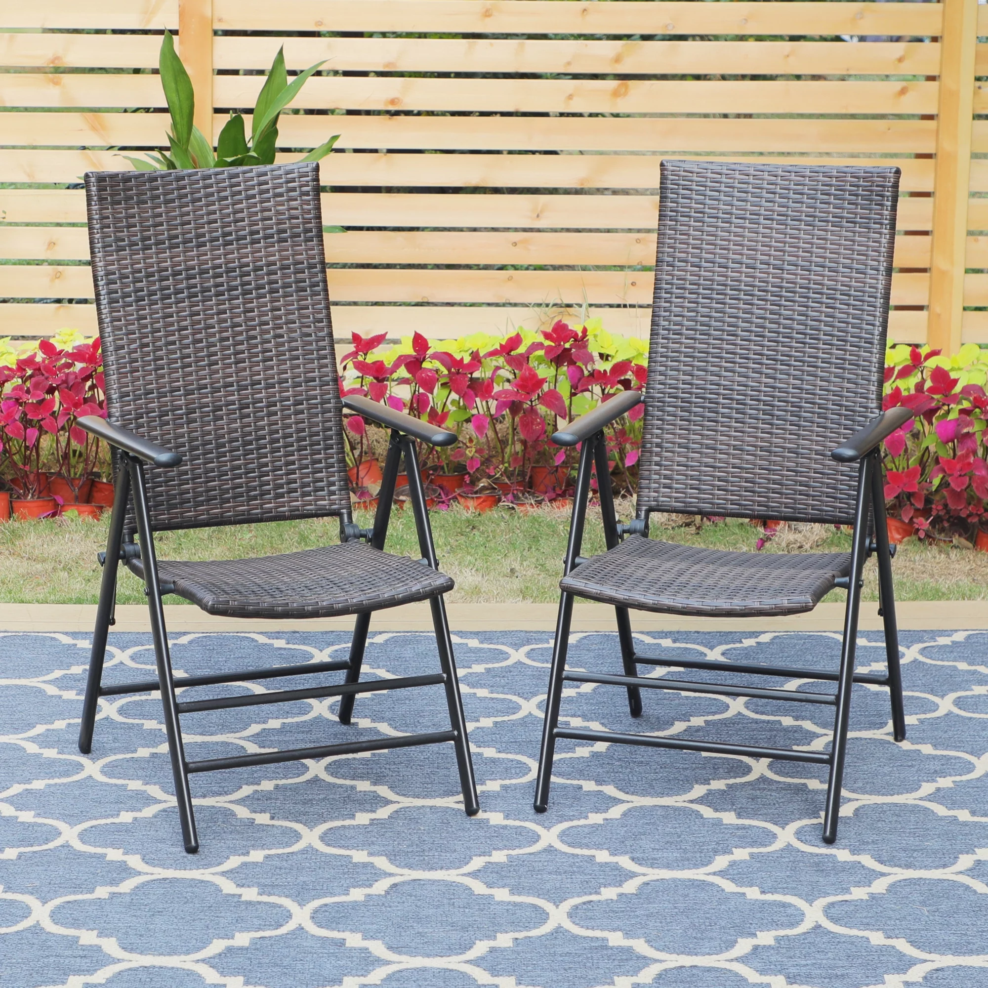 MF Studio Set of 2 Outdoor Patio Folding Chairs 7-level Adjustable Rattan Recliner, Dark Brown&Black