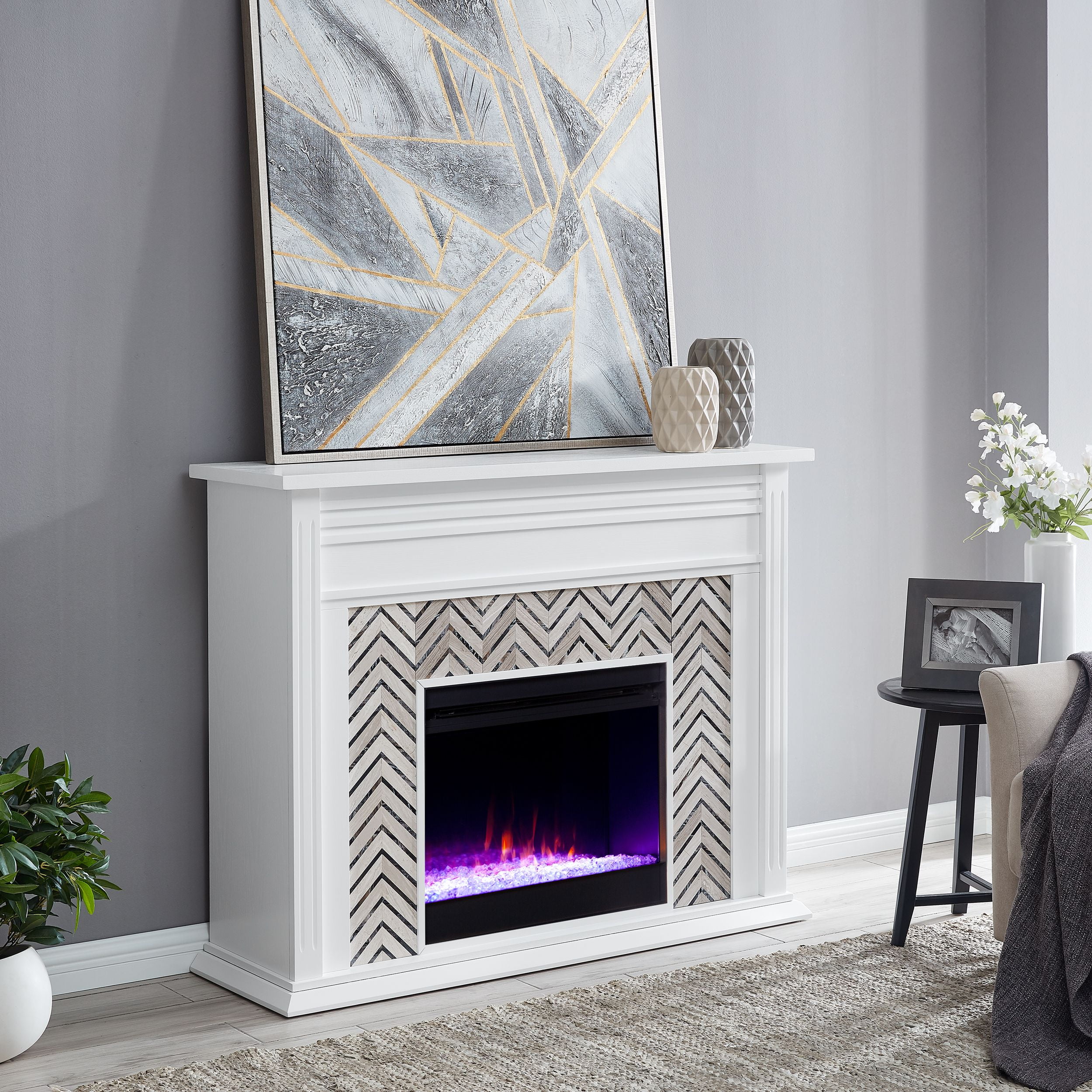 SEI Furniture Hebbington Tiled Fireplace 50 x 39 Freestanding Indoor Color Changing Fireplaces