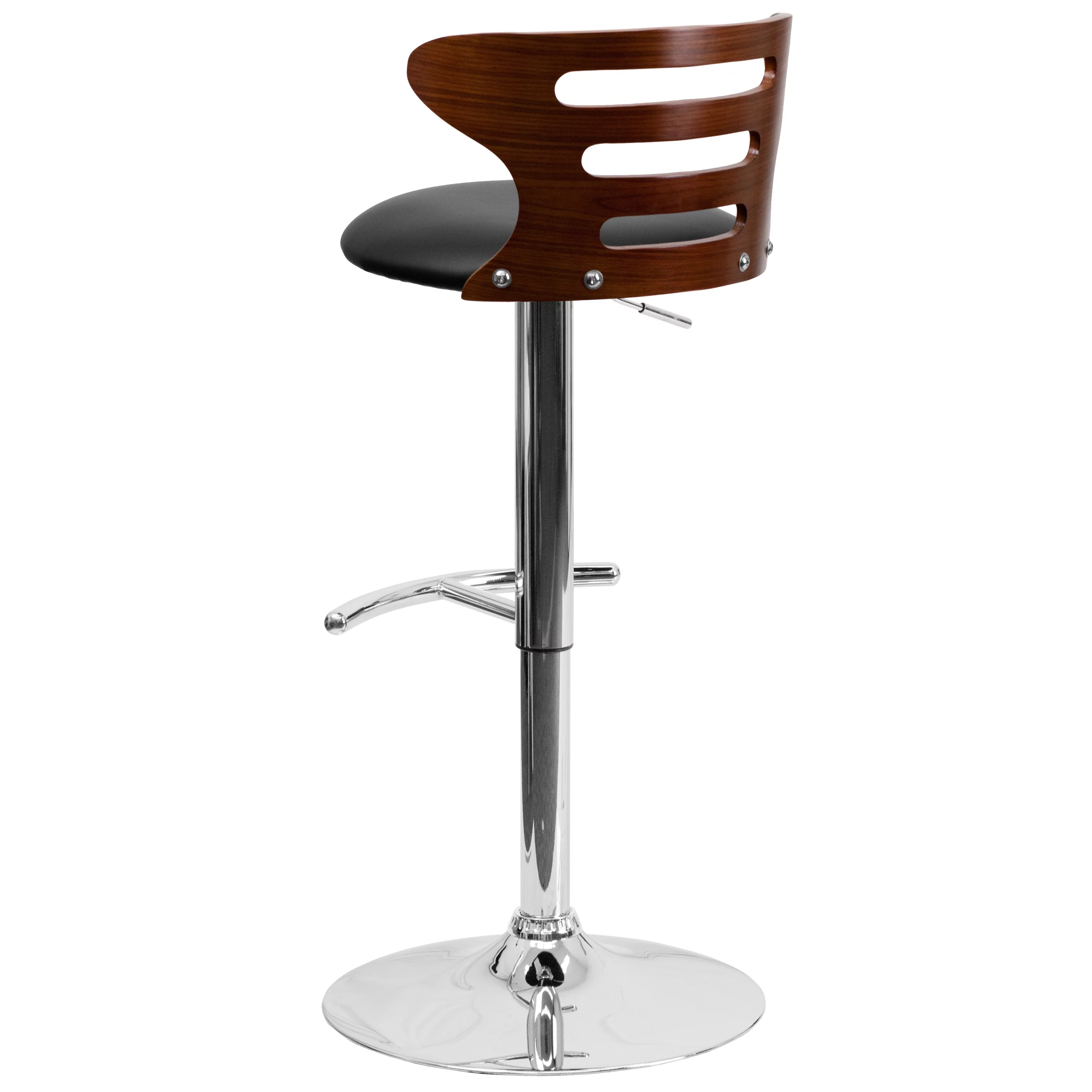Flash Furniture Gallahan Walnut Bentwood Adjustable Height Barstool with Three Slot Cutout Back and Black Vinyl Seat