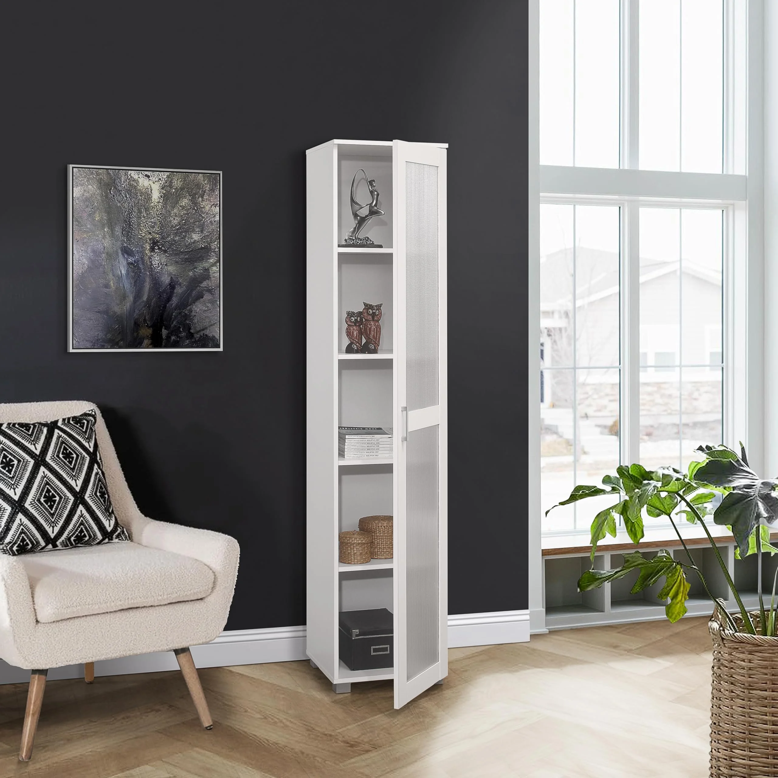 Kings Brand Furniture Romero Tall Curio Storage Cabinet with Doors - 5 Storage Shelving & 1 Glass Door Display & Corner Bookshelf Perfect for Living Room, Kitchen, Bedroom & Office (White)