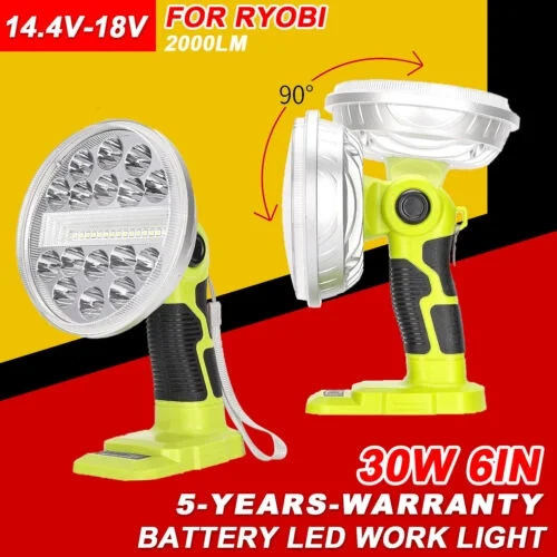 30W Cordless LED Work Light Spotlight for Ryobi 18V Li-ion Battery 2000LM Bright