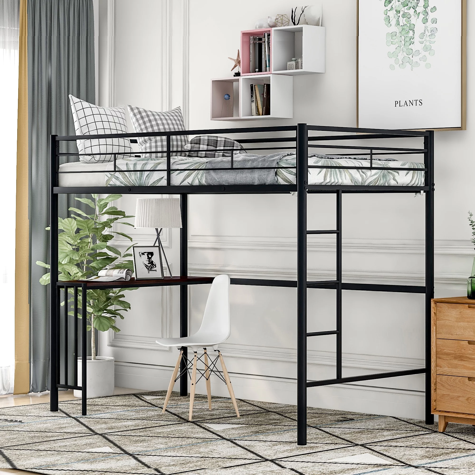 paproos Loft Bed with Desk, Twin Size Metal Loft Bed Frame with Ladder and Guardrails, Modern Twin Loft Bed for Kids Boys Girls Teens, Black