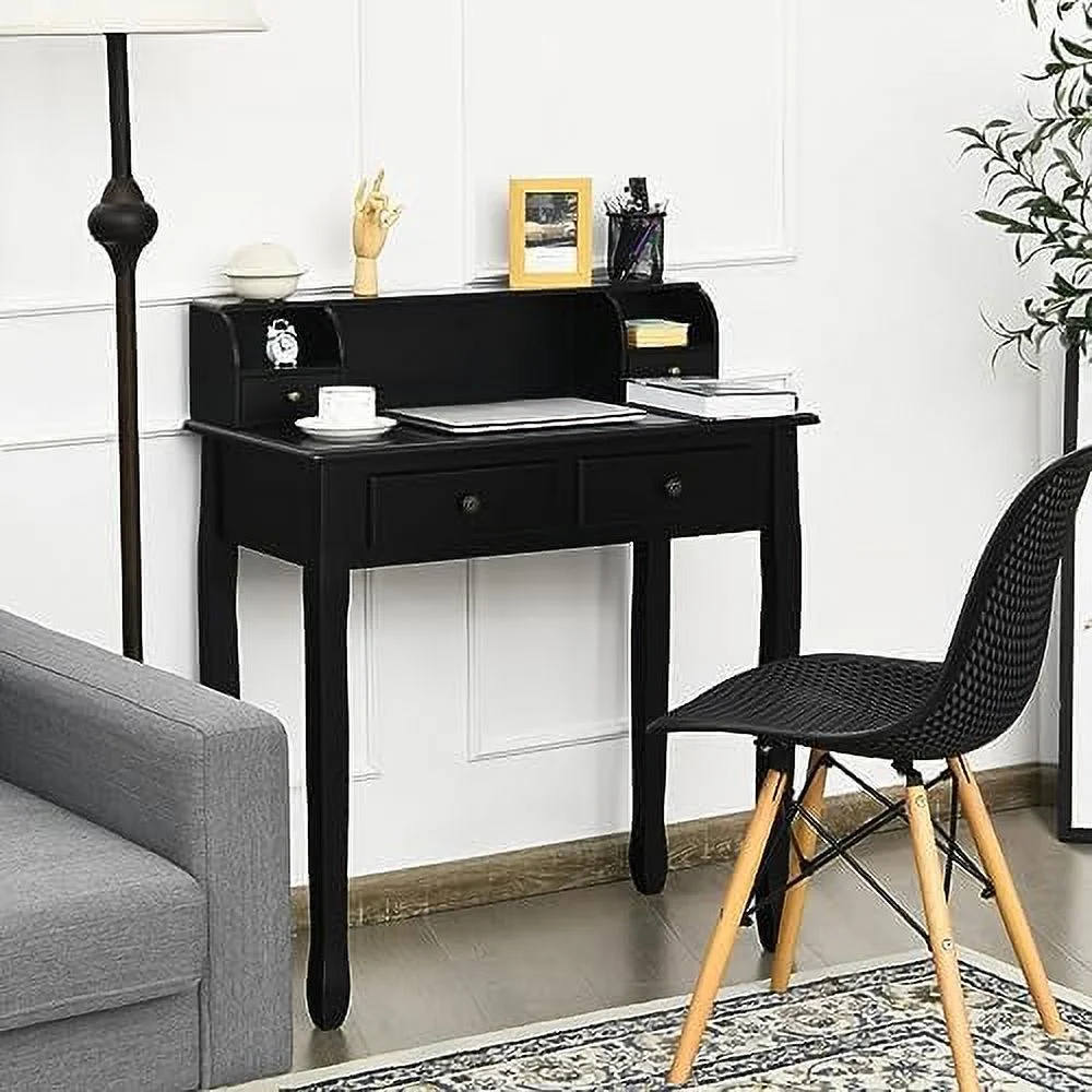 YPDCHB Small Writing Desk with Removable Hutch  2-Tier Vanity Table with 4 Drawers  3 Cubbies & Pine Wood Legs  Study Computer Desk for Bedroom Home Office (Pink)