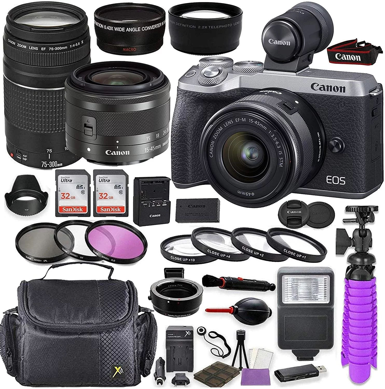 Canon EOS M6 Mk II Mirrorless Camera, Silver w/EVF-DC2 Viewfinder, EF-M 15-45mm & EF 75-300mm III Lenses, Auto Mount Adapter + Accessories