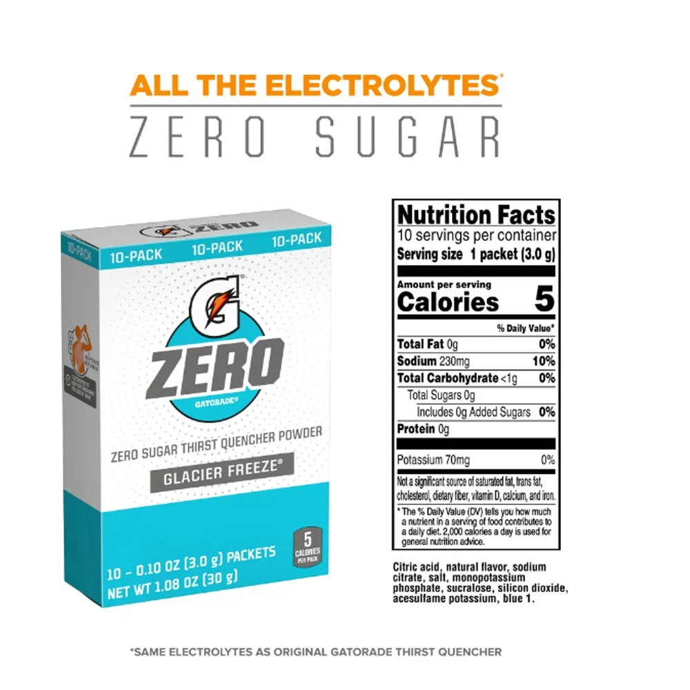 Gatorade G Zero Sugar Glacier Freeze, Powdered Thirst Quencher Drink Mix, 0.10 oz, 3 Boxes of 10 With Spoon