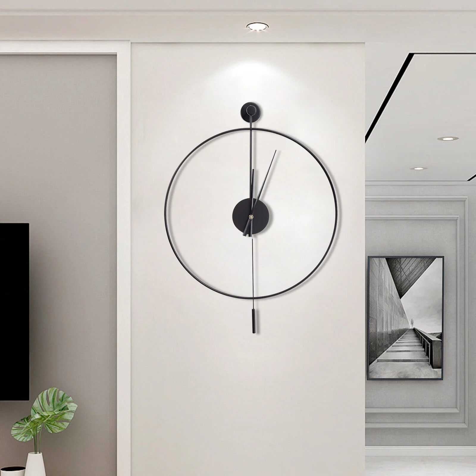 ZhdnBhnos 20'' Classical Large Decorative Wall Clock with Pendulum Non-Ticking Silent Quartz Creative Art Clocks for Home, Living Room, Bedroom (Black)