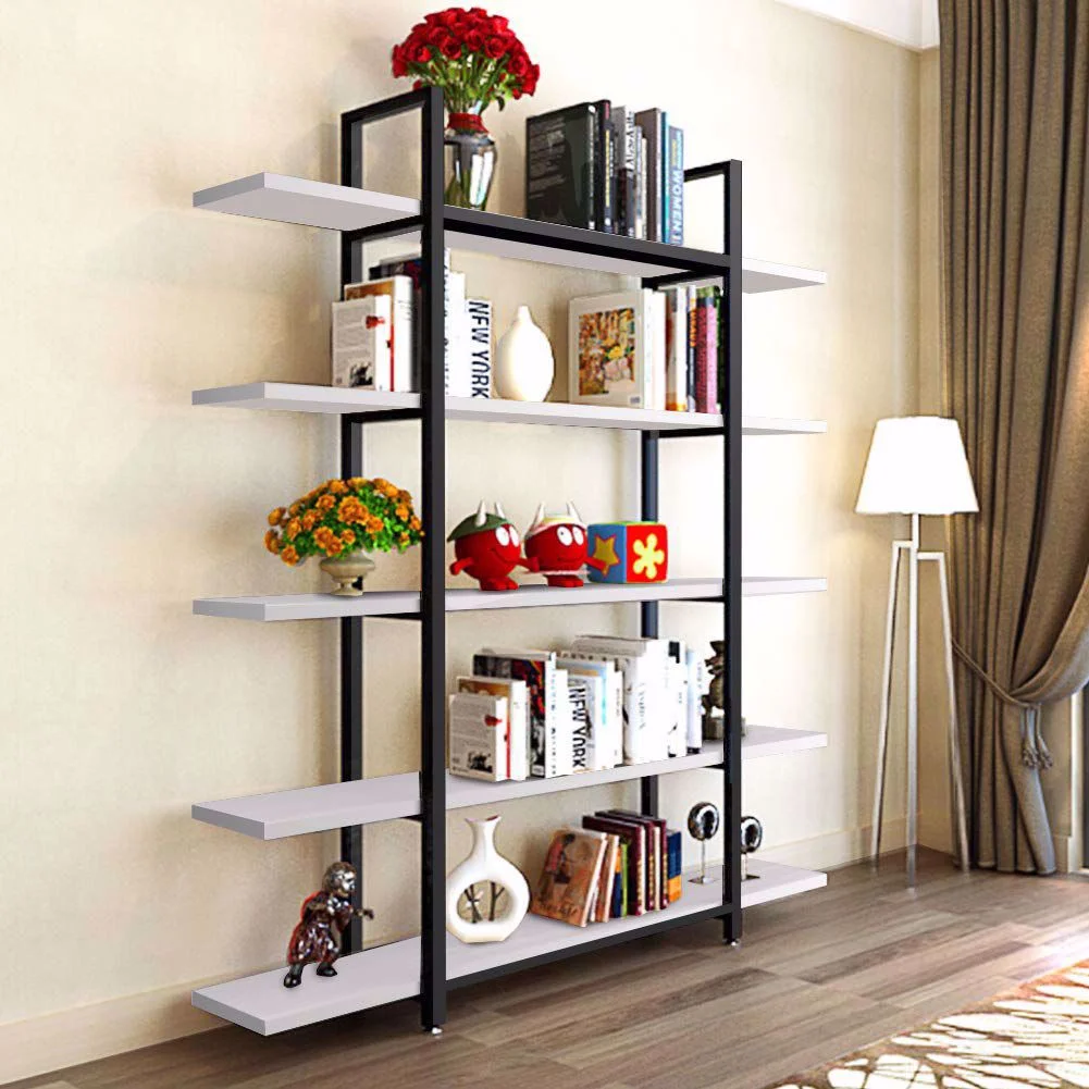 Tribesigns 5 Shelves Bookshelf, Vintage Industrial Style Bookcase 72 H x 12 W x 47L Inches, Wood and Metal, White Black
