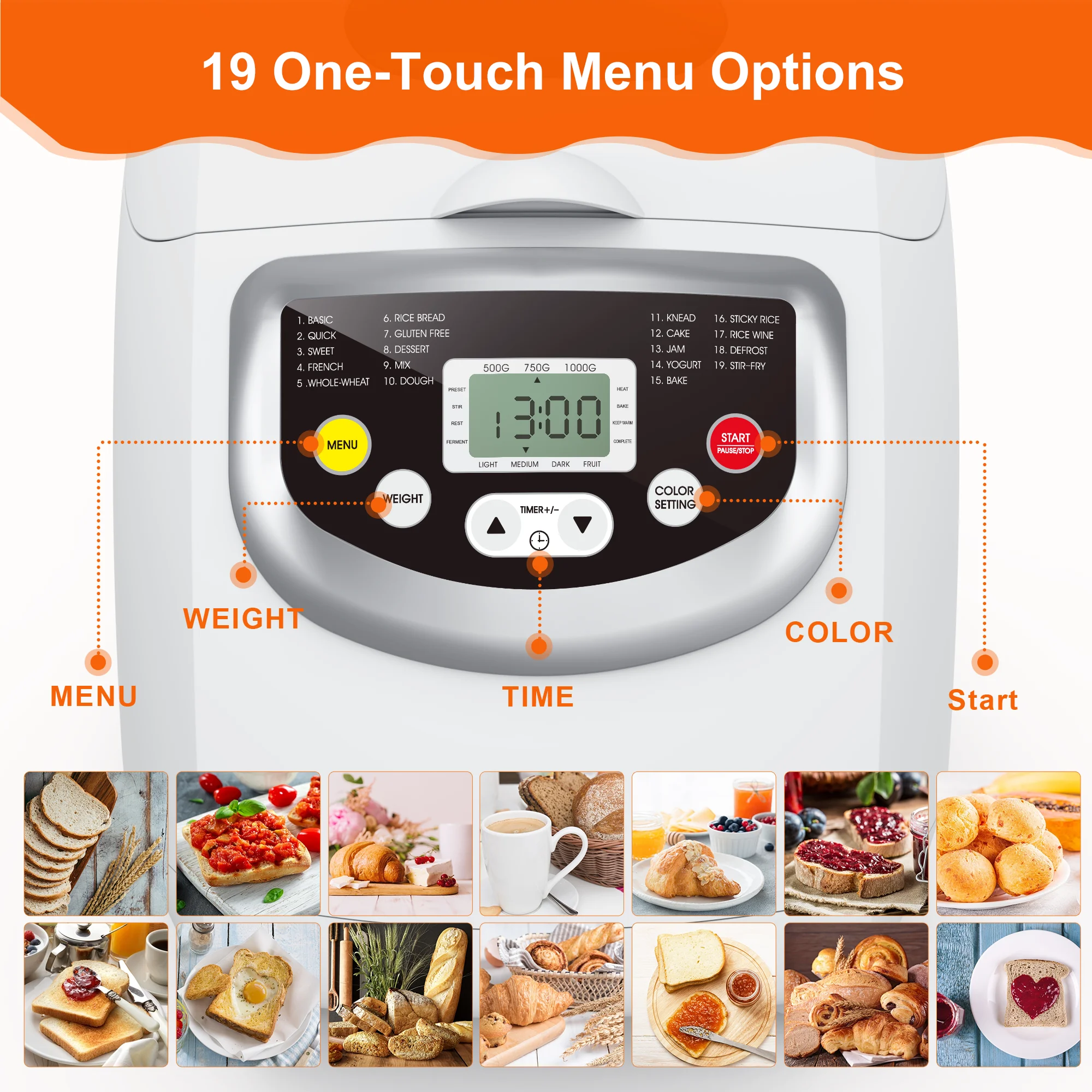 Moosoo 2 lb. Bread Maker Machine with 19 Setting Programs Digital Touch Panel