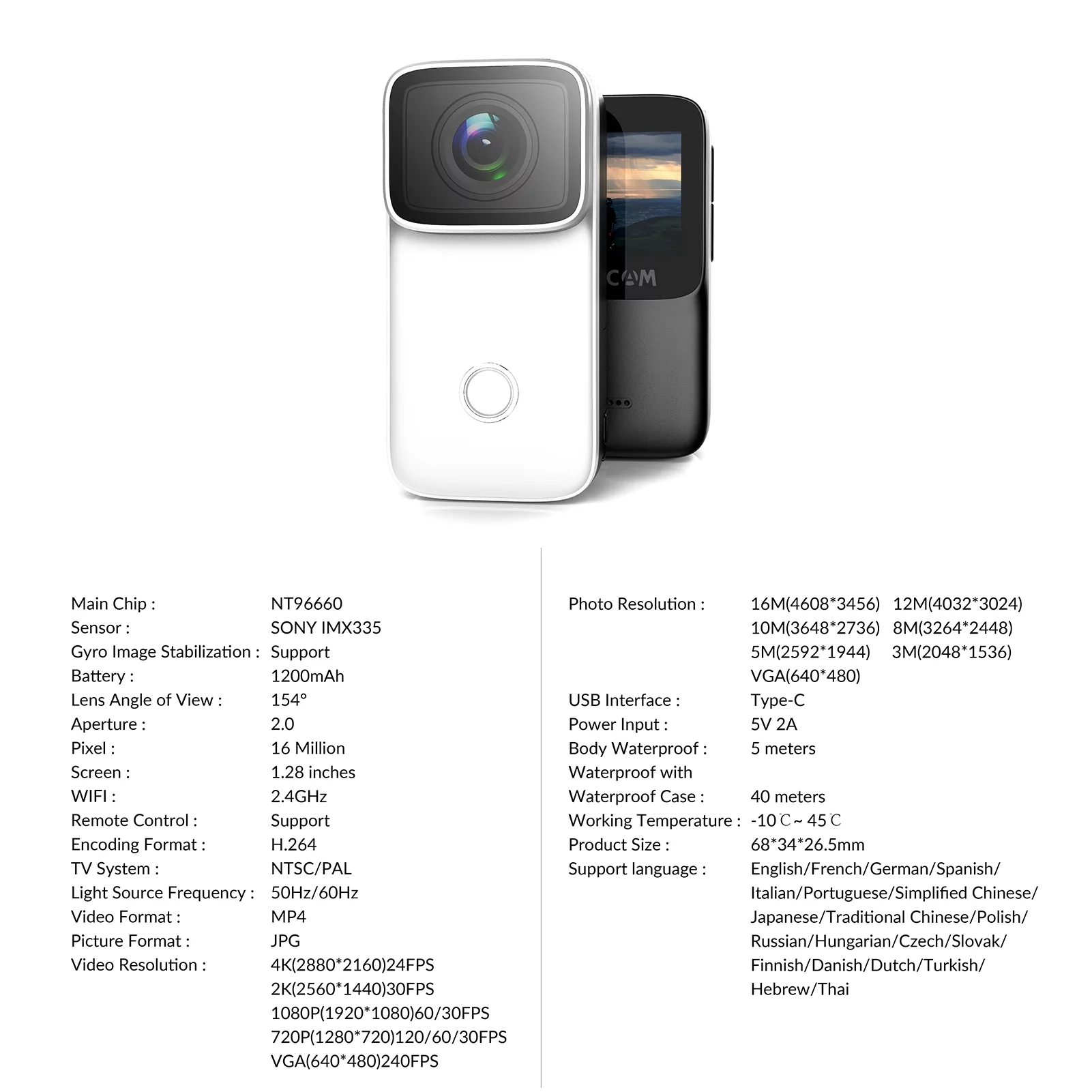 SJCAM C200 4K Mini WiFi Action Camera with 1.28 Inch IPS Screen 5M Body Waterproof 6- -Shake Supports Face Recognition Night Vision Built-in Rechargeable Battery