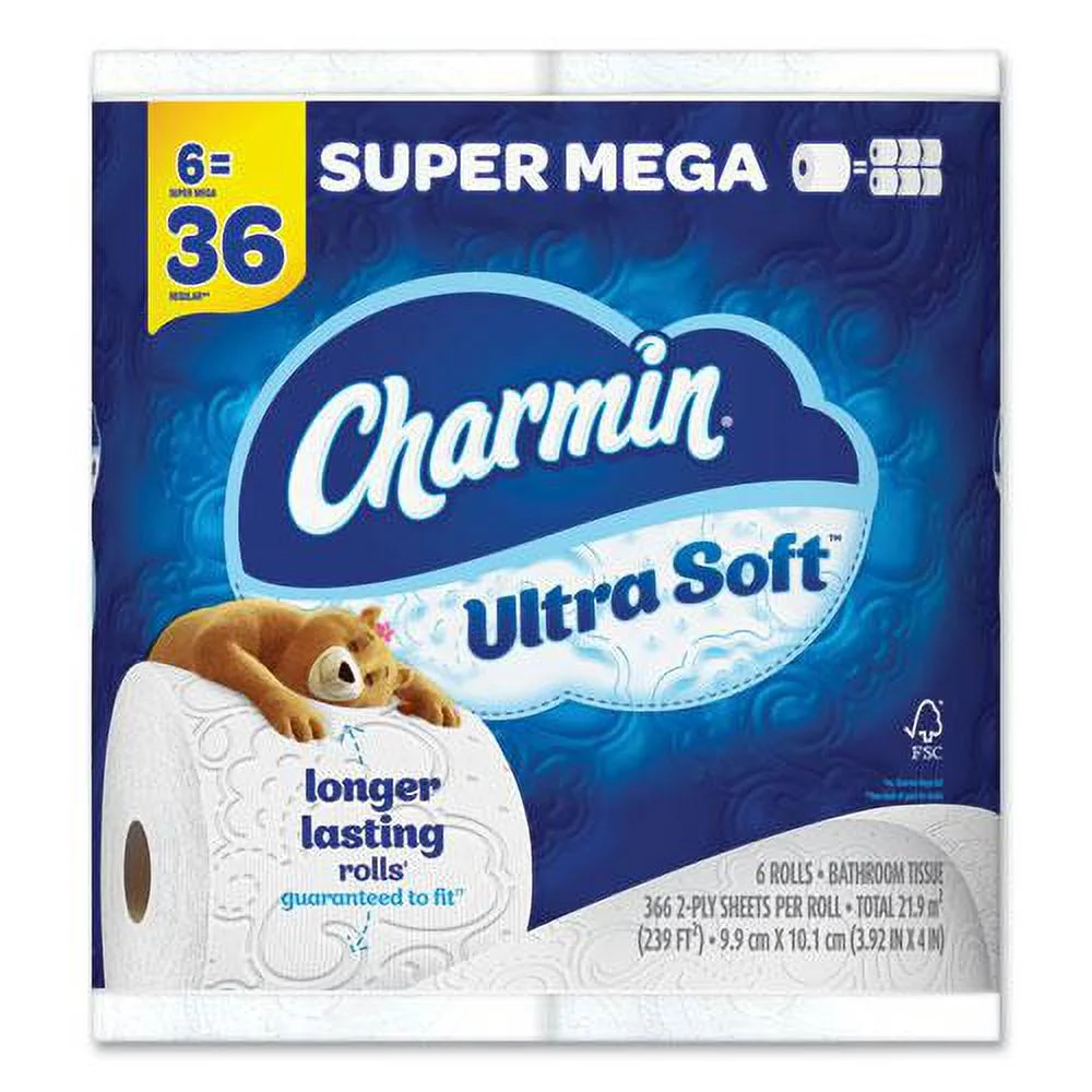 Charmin Ultra Soft Super Mega Toilet Paper 2-Ply White 366 Sheets/Roll 6 Rolls/Pack 3 Packs/Carton