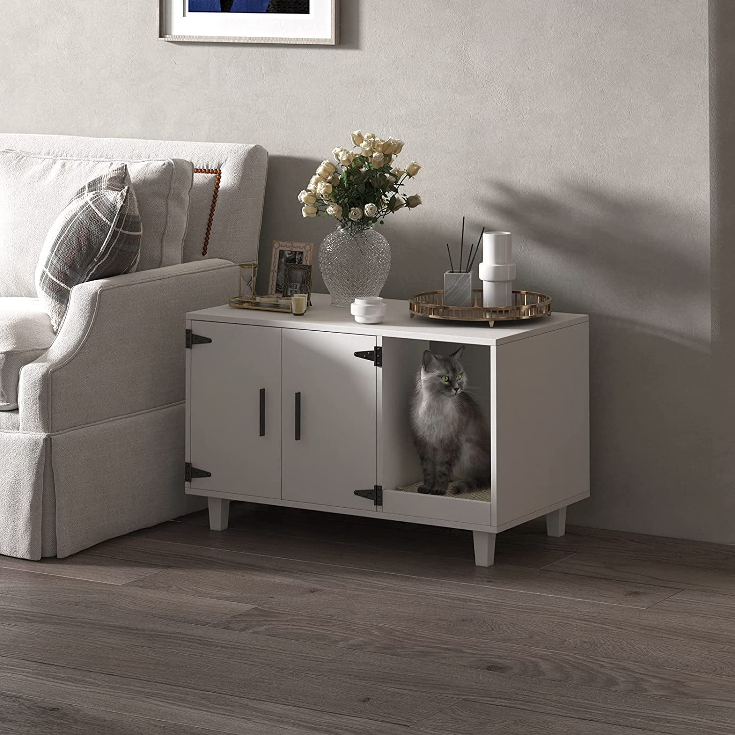 Modern Wood Pet Crate: Cat Washroom Hidden Litter Box Enclosure Furniture House, Nightstand with Scratch Pad, Stackable (White)