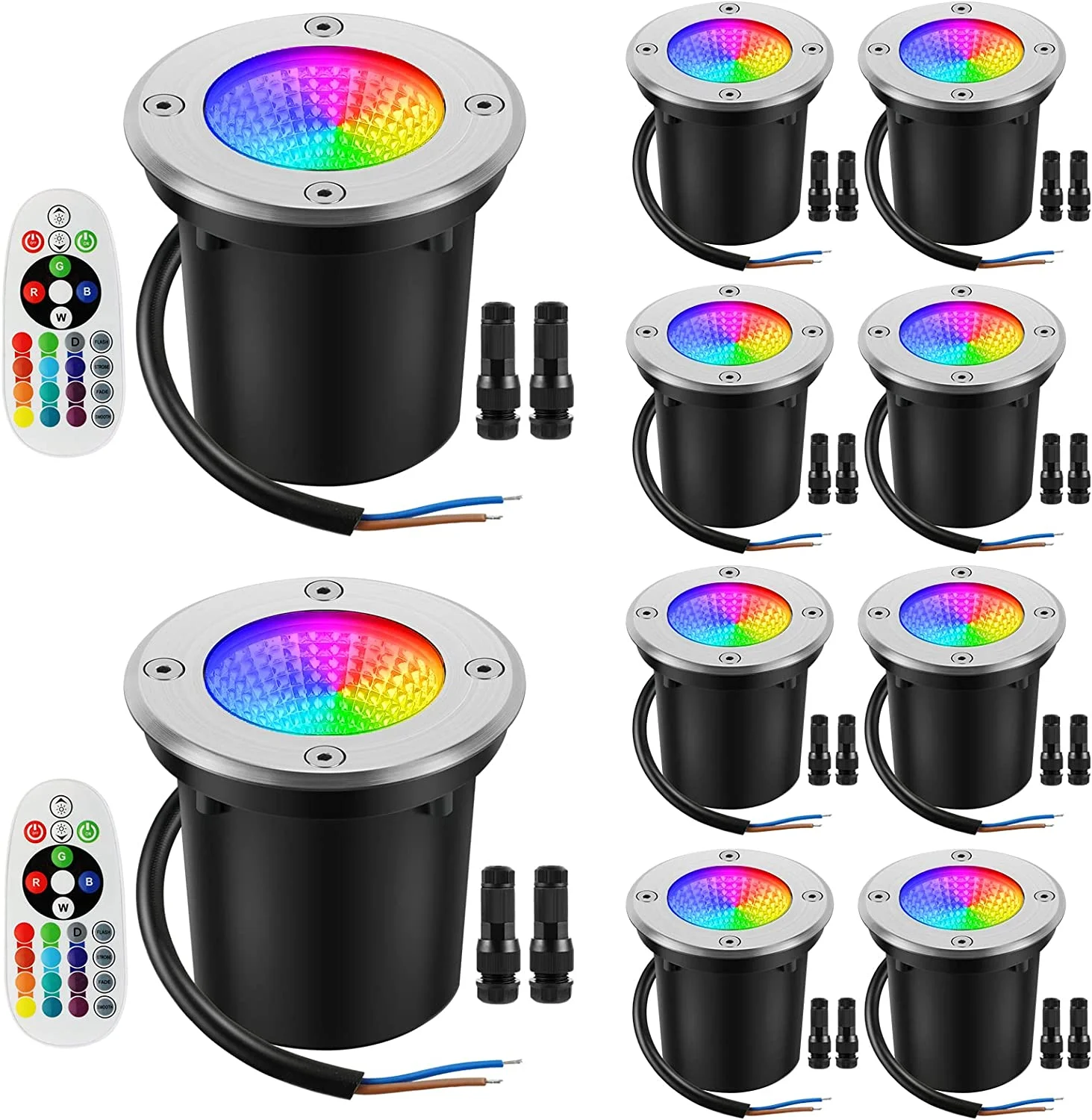 MINGFENG Low Voltage Landscape Lights 10W RGBW Warm White LED Well Landscape Lighting Remote Control IP67 Waterproof Outdoor 12V-24V Pathway Deck Ground Lights(10Pack with Connectors)