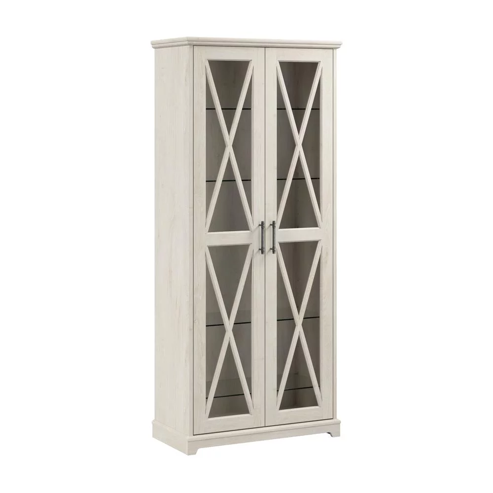 Bush Lennox Engineered Wood Curio Cabinet with Glass Doors in Linen White Oak