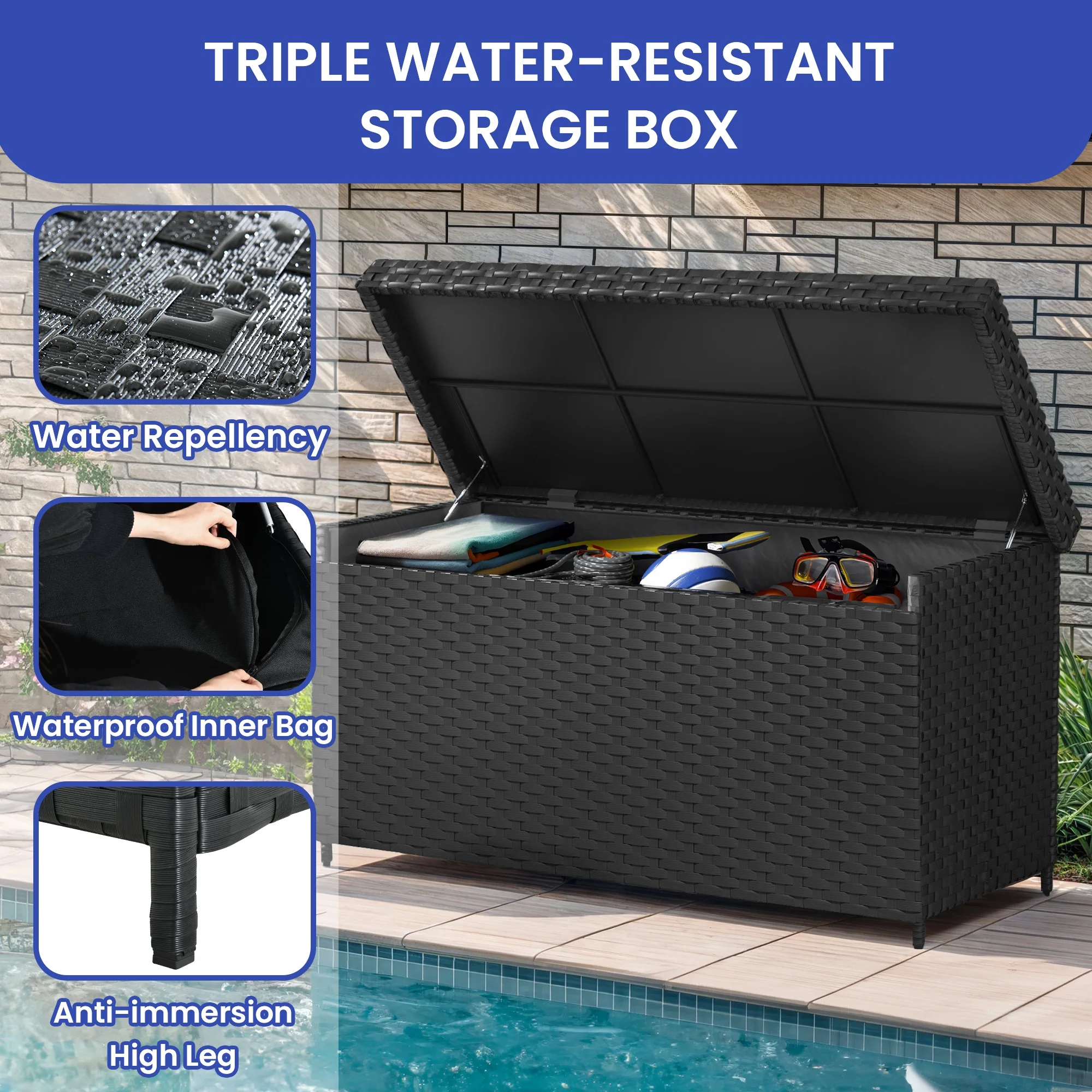 ModFusion 170 gal Black Patio Deck Box, 33”H x 60”L x 27”W Rattan Steel Storage, Lockable, UV Protected