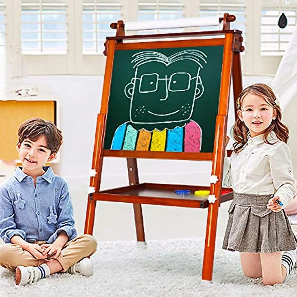 Ealing Kids Art Easel for Kids Toddlers with Magnetic Chalkboard Ages 2 4 6 8, Double-Sided Standing Wooden Painting Easel Adjustable Dry-Erase Board