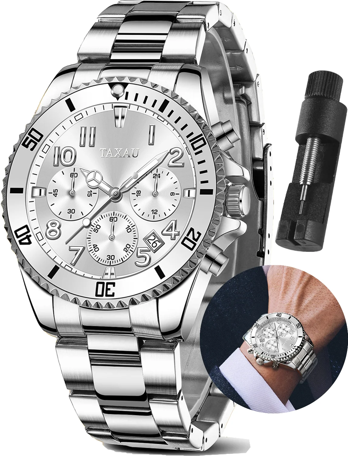 Taxau Silver Watches for Men Classic White Dial Watches Sliver Stainless Steel Mens Watches Mens Day Date Watches Analog Quartz Watches For Men Waterproof Watches Mens Wrist Watch Relojes Para Hombre