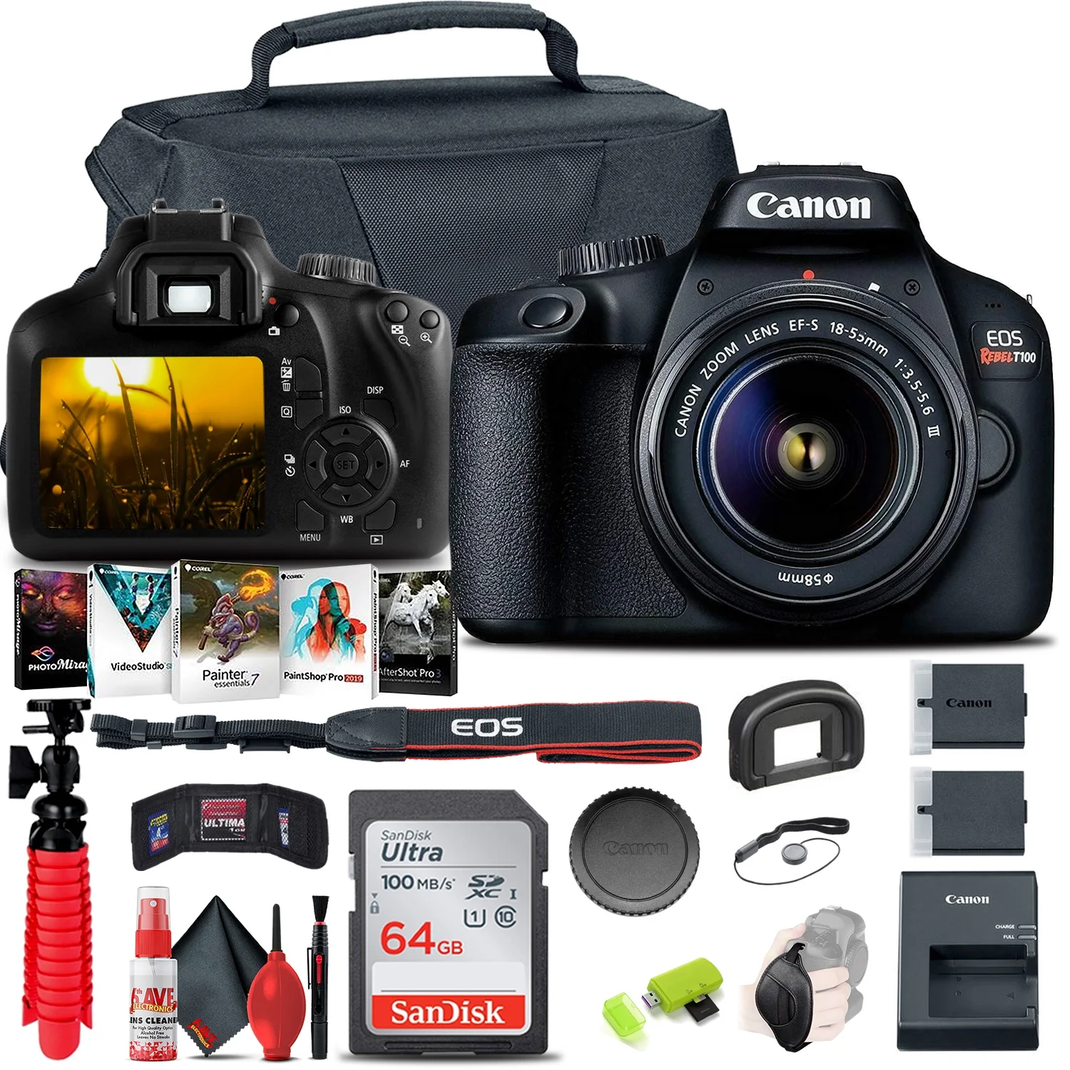 Canon EOS Rebel T100 / 4000D DSLR Camera with 18-55mm Lens, 64GB Memory Card, Case, Photo Software, LPE10 Battery, Flex Tripod, Hand Strap, Memory Wallet, Cleaning Kit