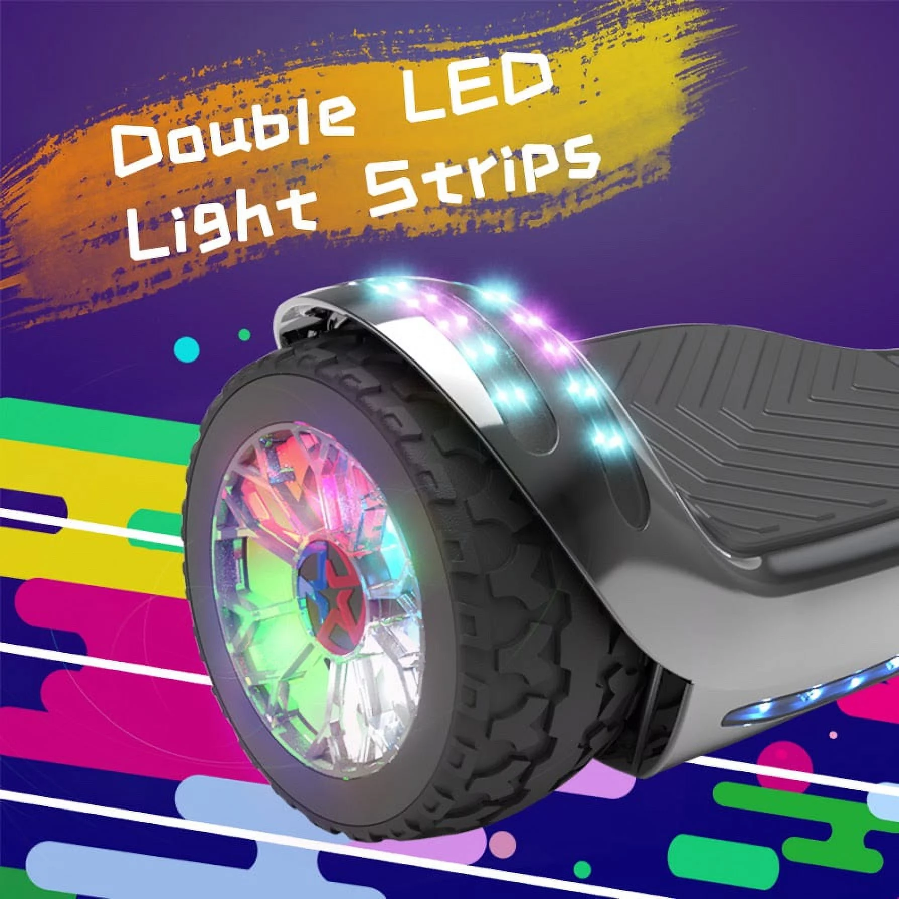 Hoverboard All-Terrain LED Flash Wide All Terrian Wheel with Bluetooth Speaker Dual LED Light Self Balancing Wheel Electric Scooter Chrome Black