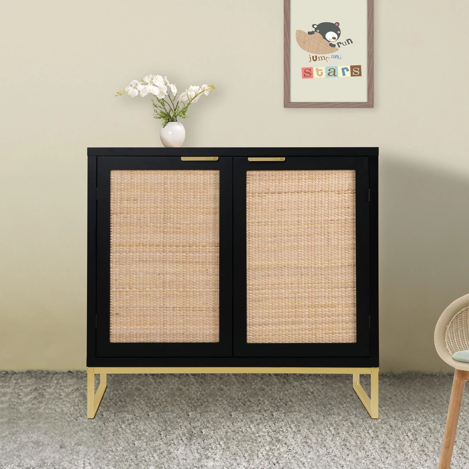 Anmytek  Black Accent Storage Cabinet with 2 Rattan Doors Mid Century Sideboard for Living Room Bedroom