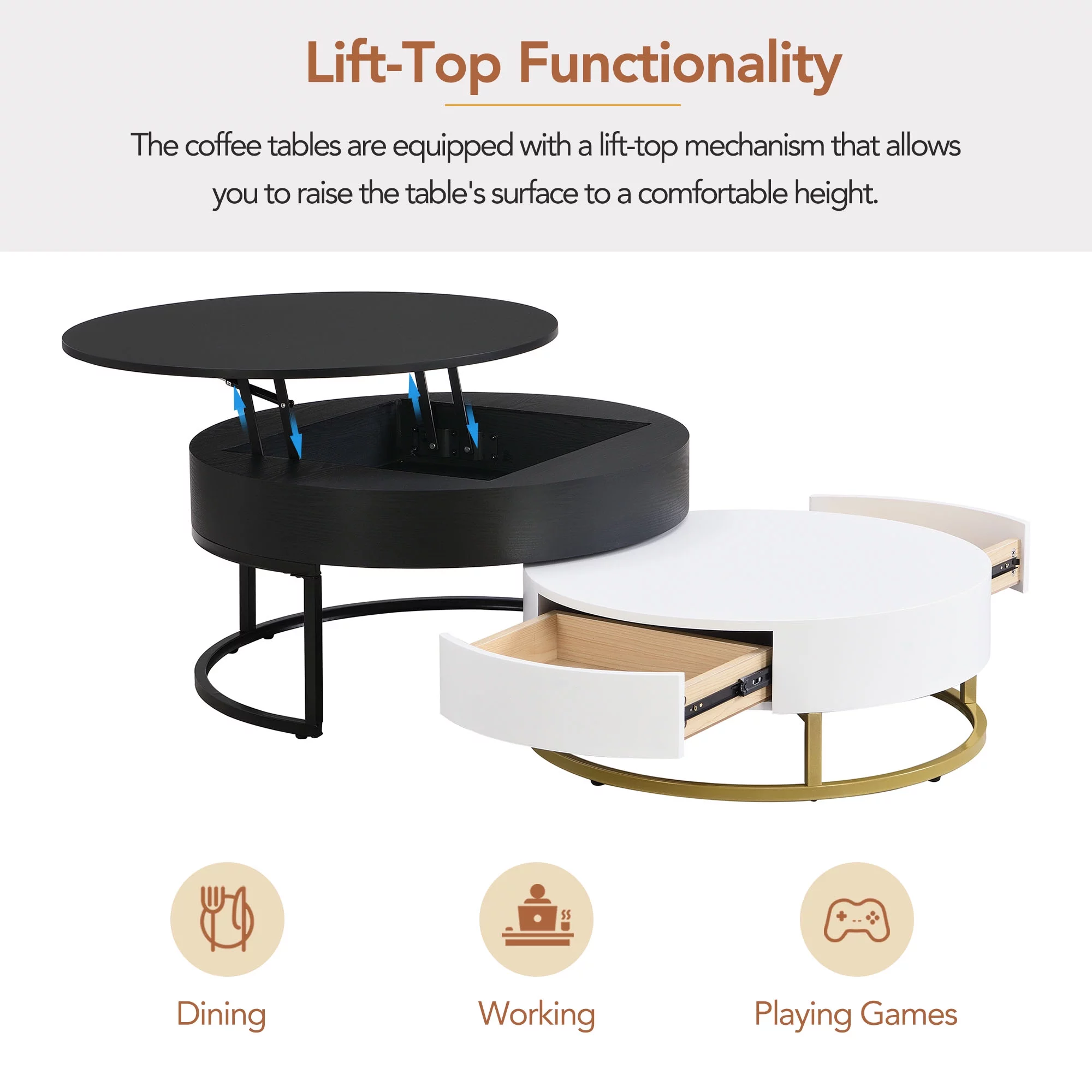 Homiyad Modern Round Lift-Top Nesting Coffee Tables with 2 Drawers White & Black