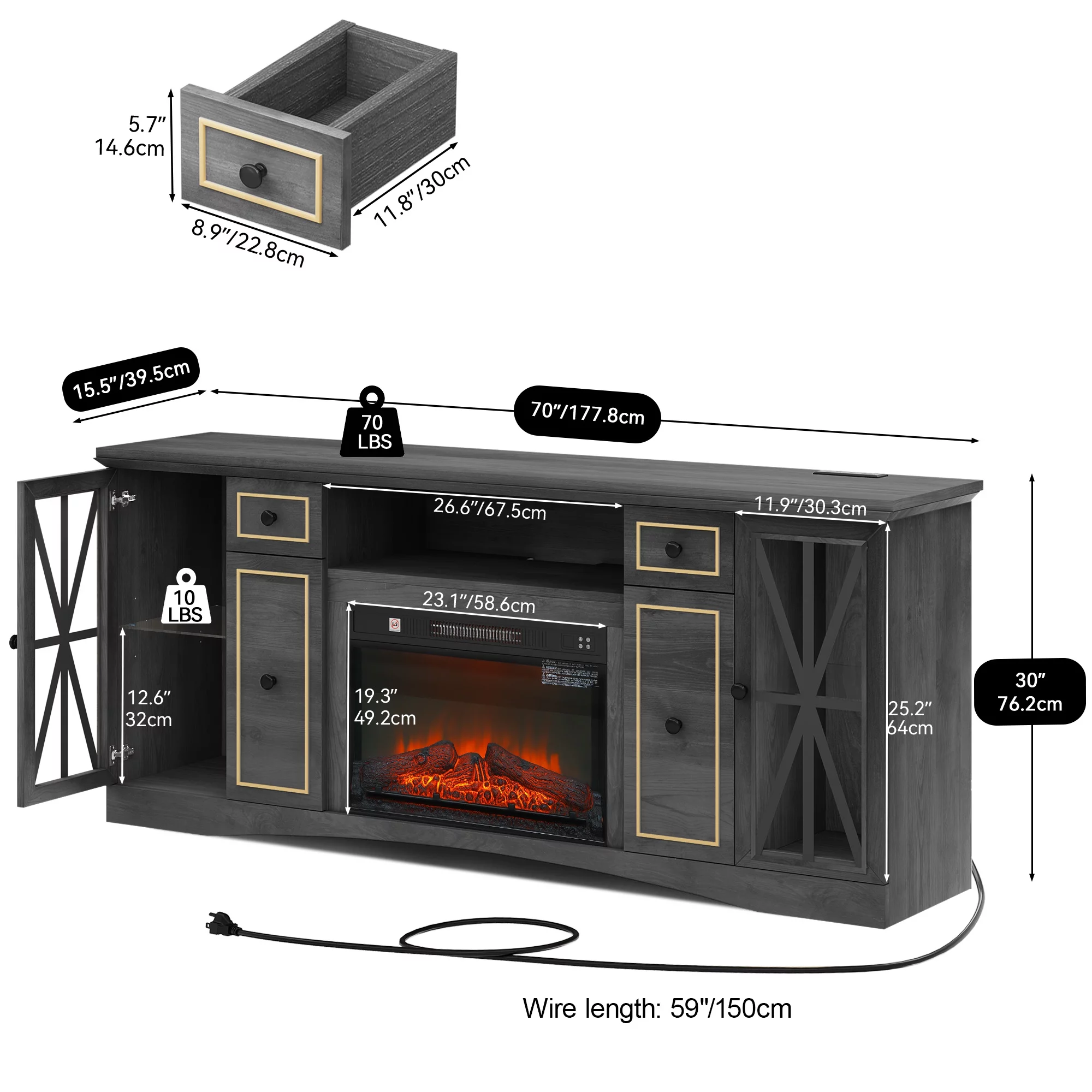 Dextrus Farmhouse TV Stands with Storage Drawers & Cabinets with Ample Storage for TVs up to 80, 70 Inch Entertainment Center with Electric Fireplace, Grey