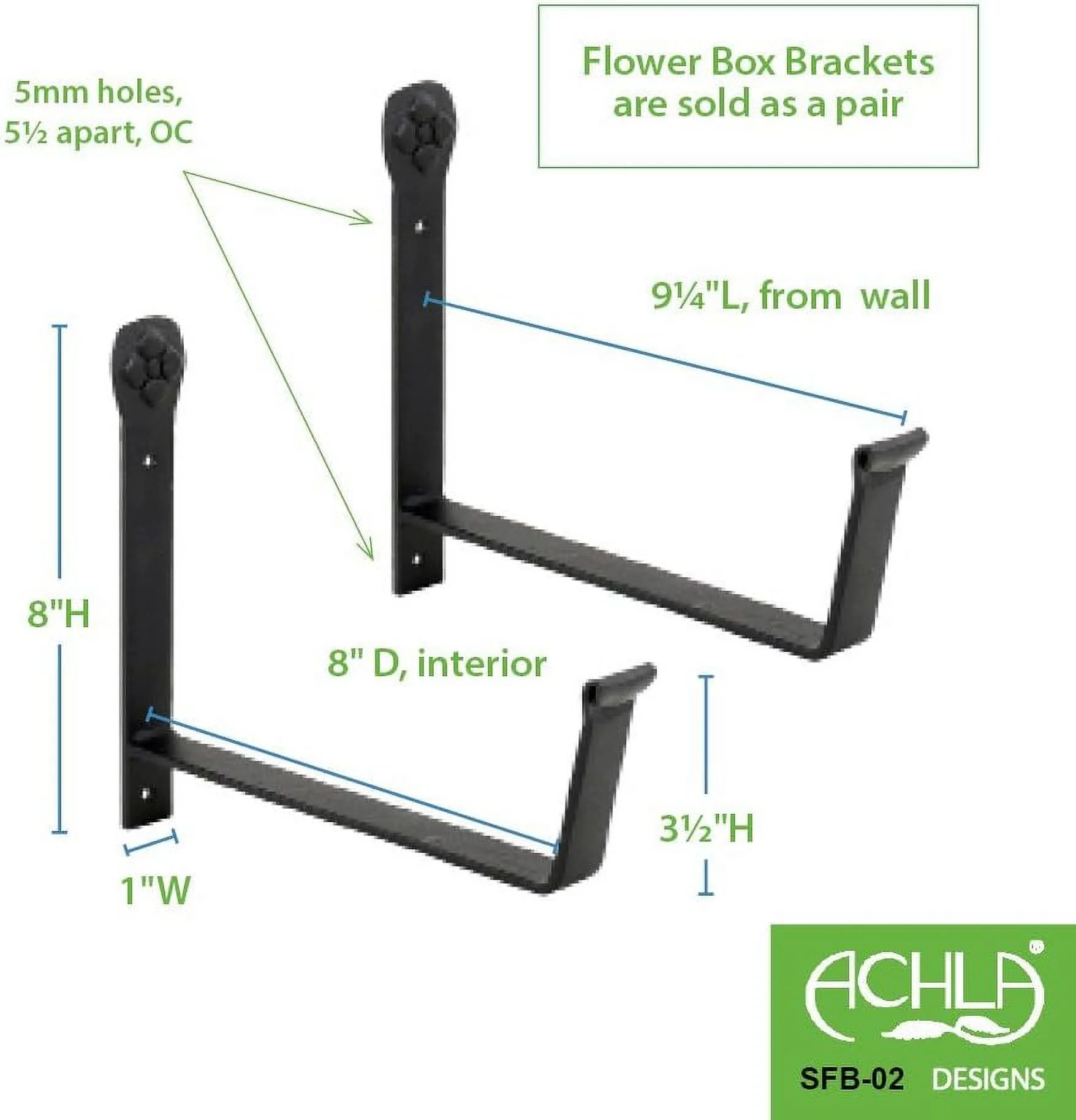 Designs SFB-02 Wall-Mount, 8 Inch Flower Window Box Planter Brackets, 8-Inch, Black