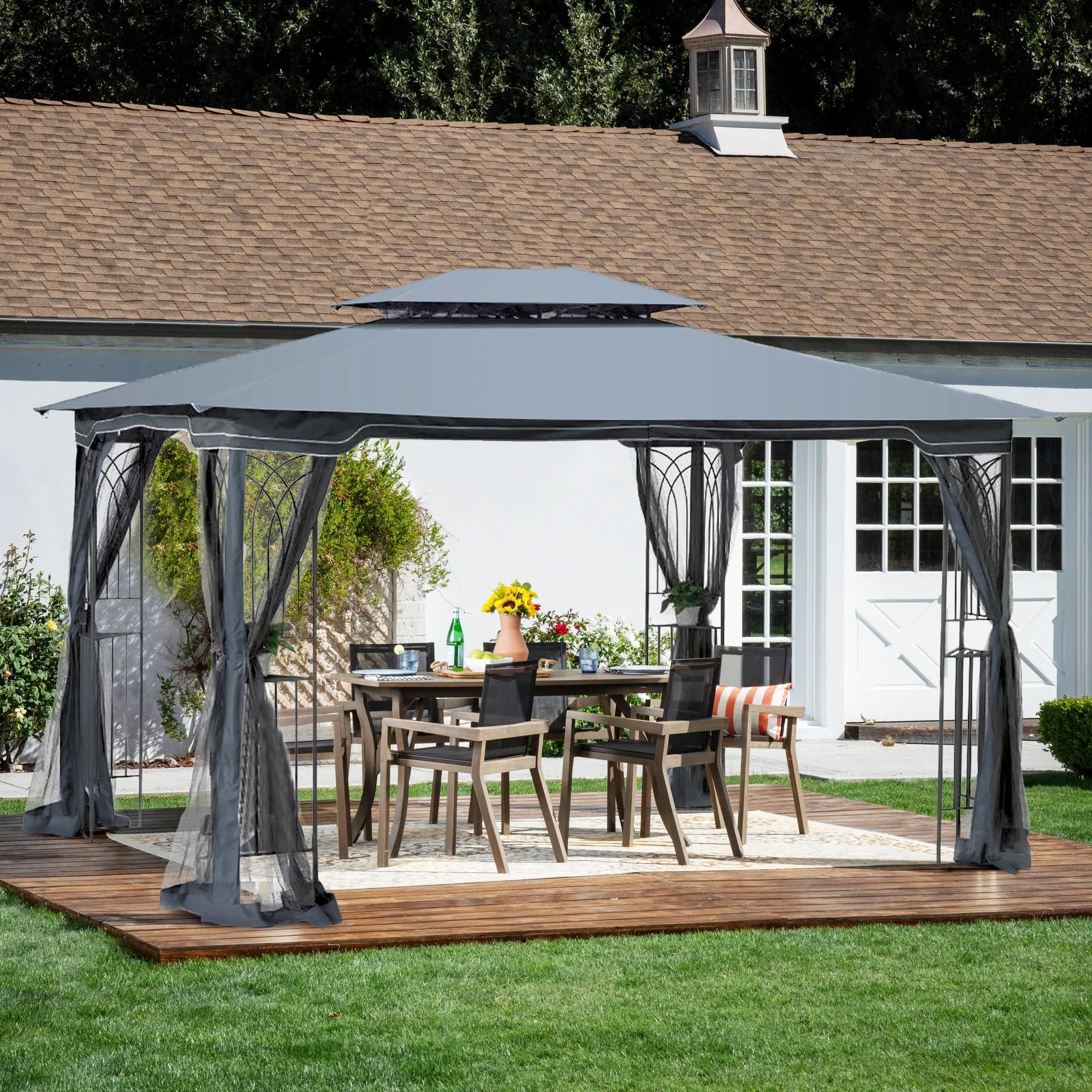 13X10 Outdoor Patio Gazebo Canopy Tent With Ventilated Double Roof And Mosquito Net(Detachable Mesh Screen On All Sides),Suitable For Lawn, Garden, Backyard And Deck, Gray Top