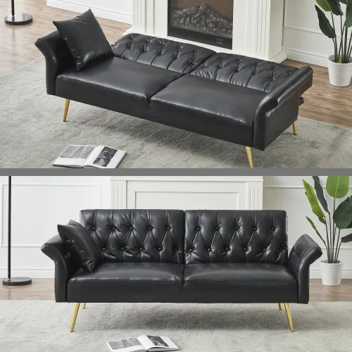 Convertible Faux Leather Sofa Bed with Adjustable Armrests and Split Backrest, Comfortable Modern Sleeper Sofa for Small Spaces, Apartments, and Offices (Black)